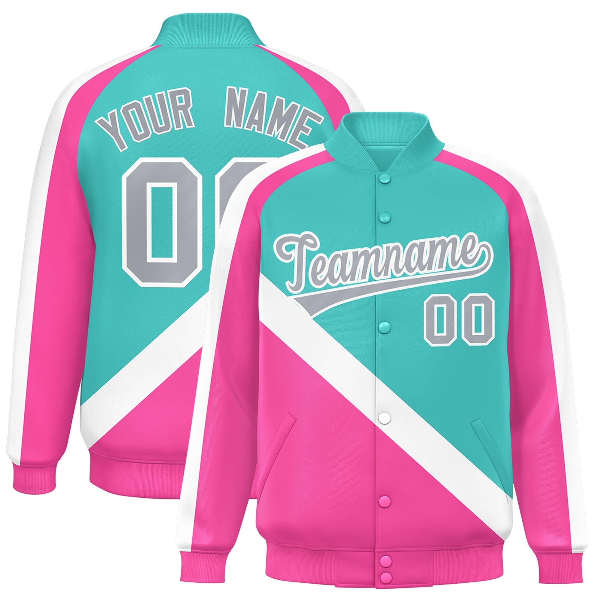 Custom Bright Green Pink Raglan Sleeves Varsity Full-Snap Letterman Baseball Jacket