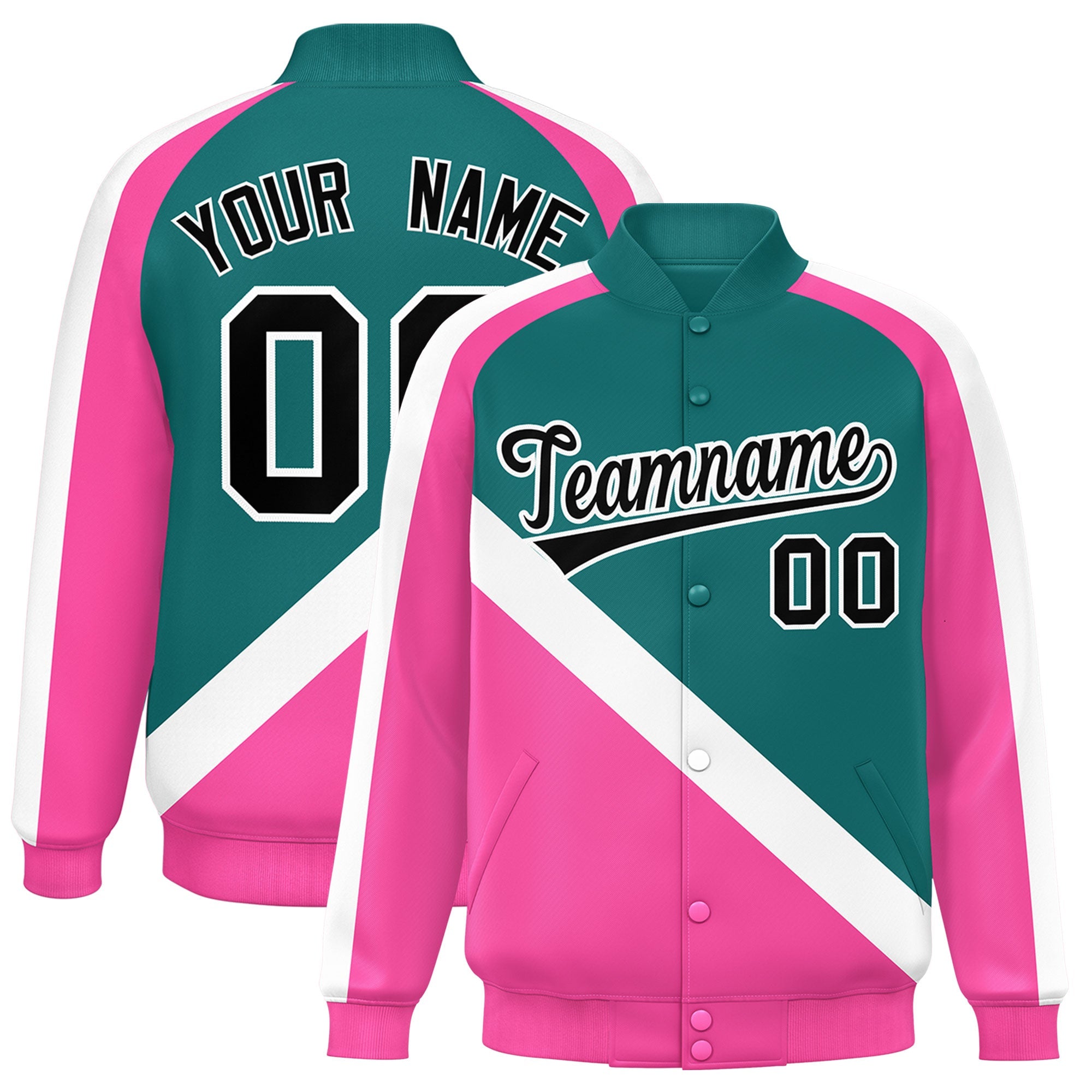 Custom Aqua Pink Raglan Sleeves Varsity Full-Snap Letterman Baseball Jacket