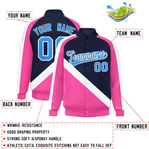 Custom Navy Pink Raglan Sleeves Varsity Full-Snap Letterman Baseball Jacket