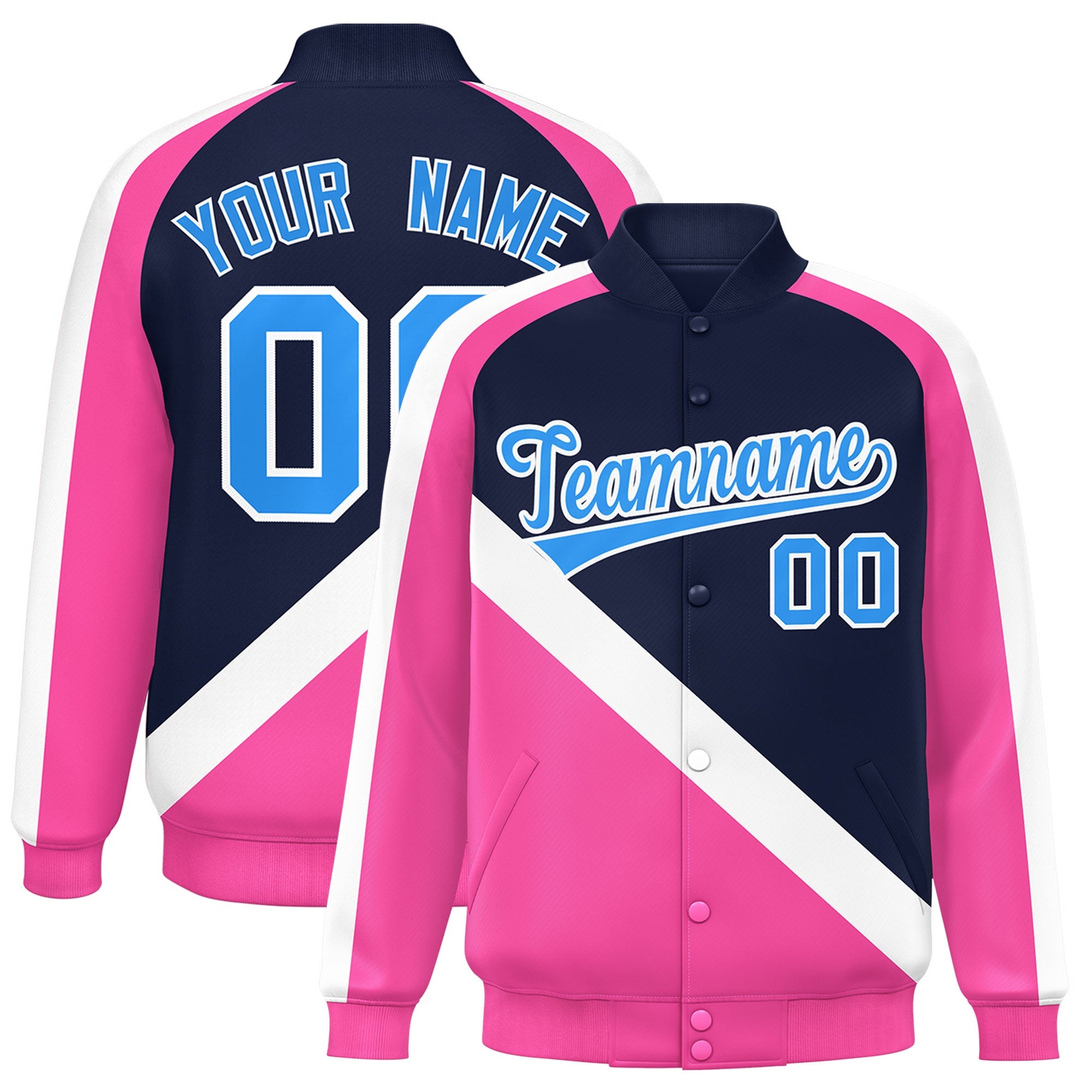 Custom Navy Pink Raglan Sleeves Varsity Full-Snap Letterman Baseball Jacket