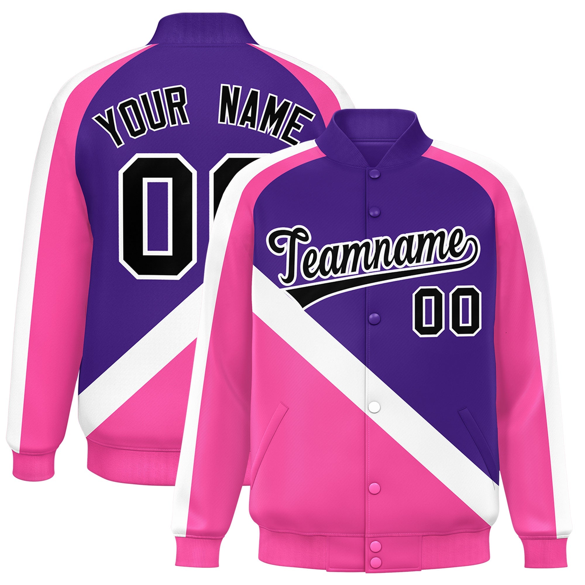 Custom Purple Pink Raglan Sleeves Varsity Full-Snap Letterman Baseball Jacket