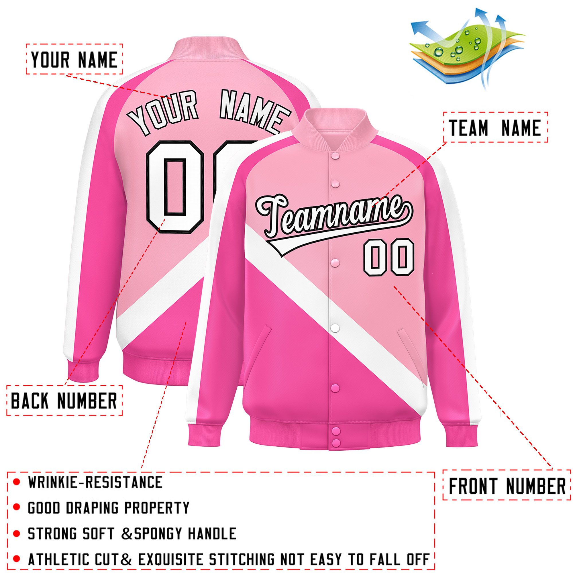 Custom Light Pink Pink Raglan Sleeves Varsity Full-Snap Letterman Baseball Jacket