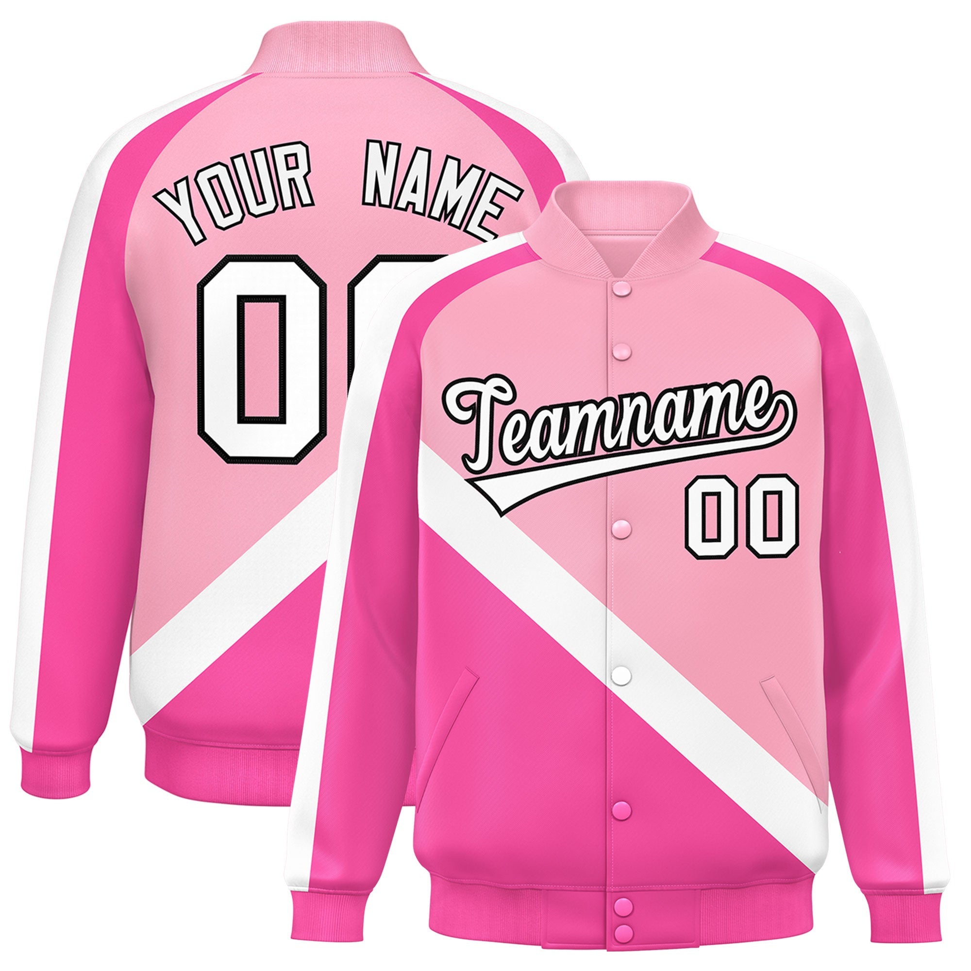 Custom Light Pink Pink Raglan Sleeves Varsity Full-Snap Letterman Baseball Jacket