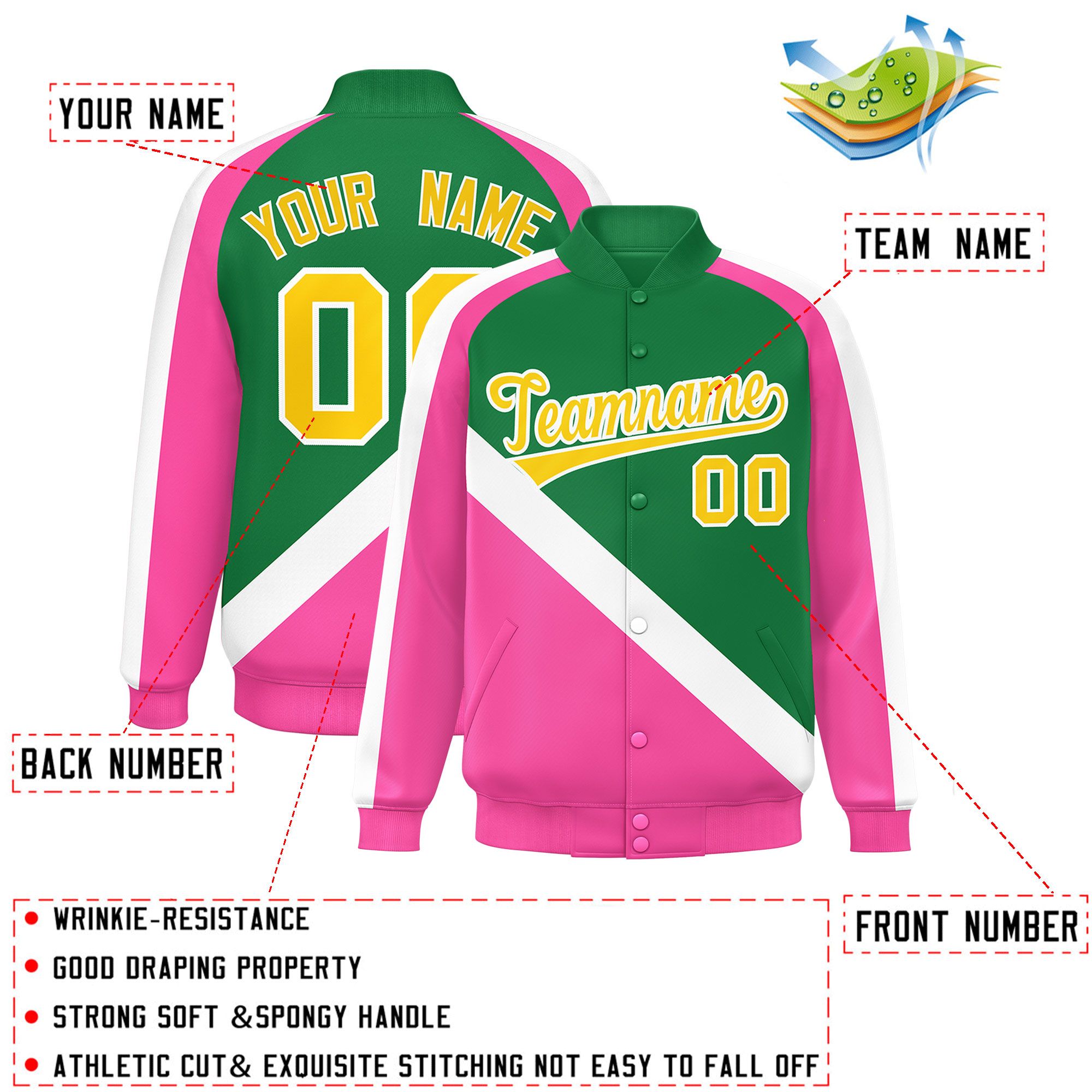 Custom Kelly Green Pink Raglan Sleeves Varsity Full-Snap Letterman Baseball Jacket