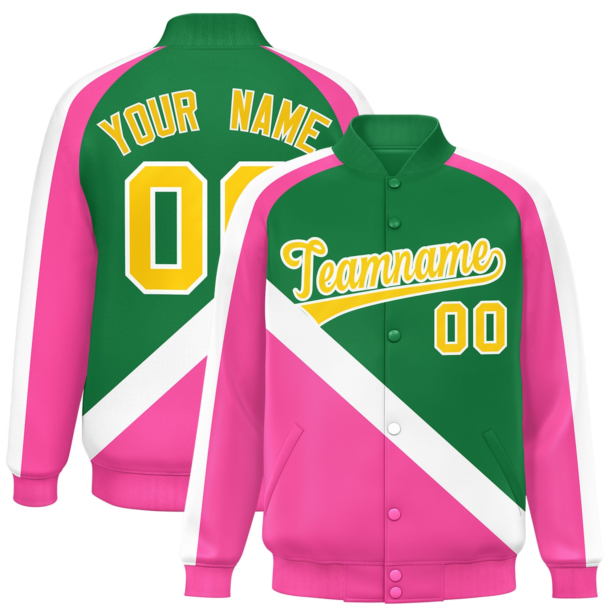 Custom Kelly Green Pink Raglan Sleeves Varsity Full-Snap Letterman Baseball Jacket