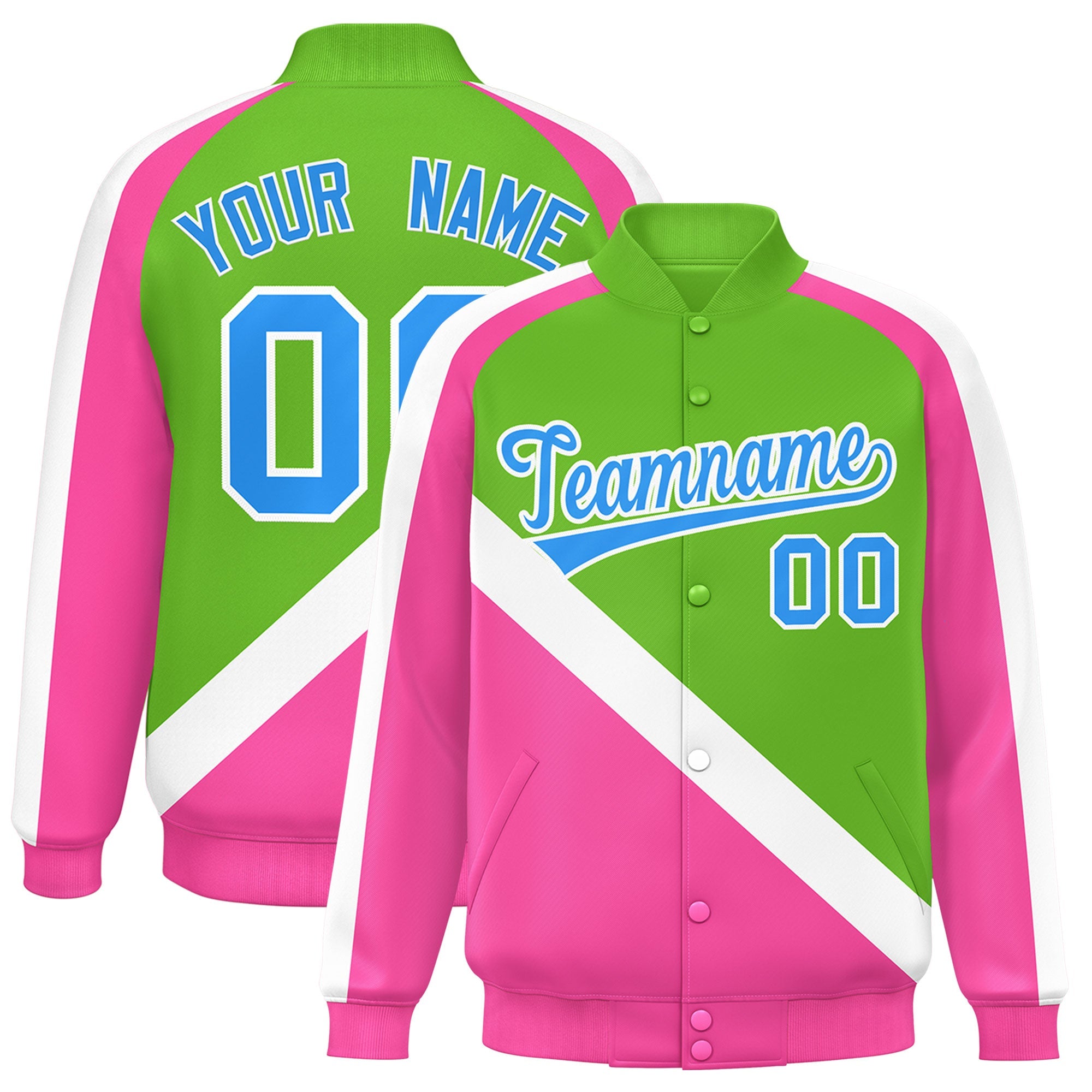 Custom Green Pink Raglan Sleeves Varsity Full-Snap Letterman Baseball Jacket