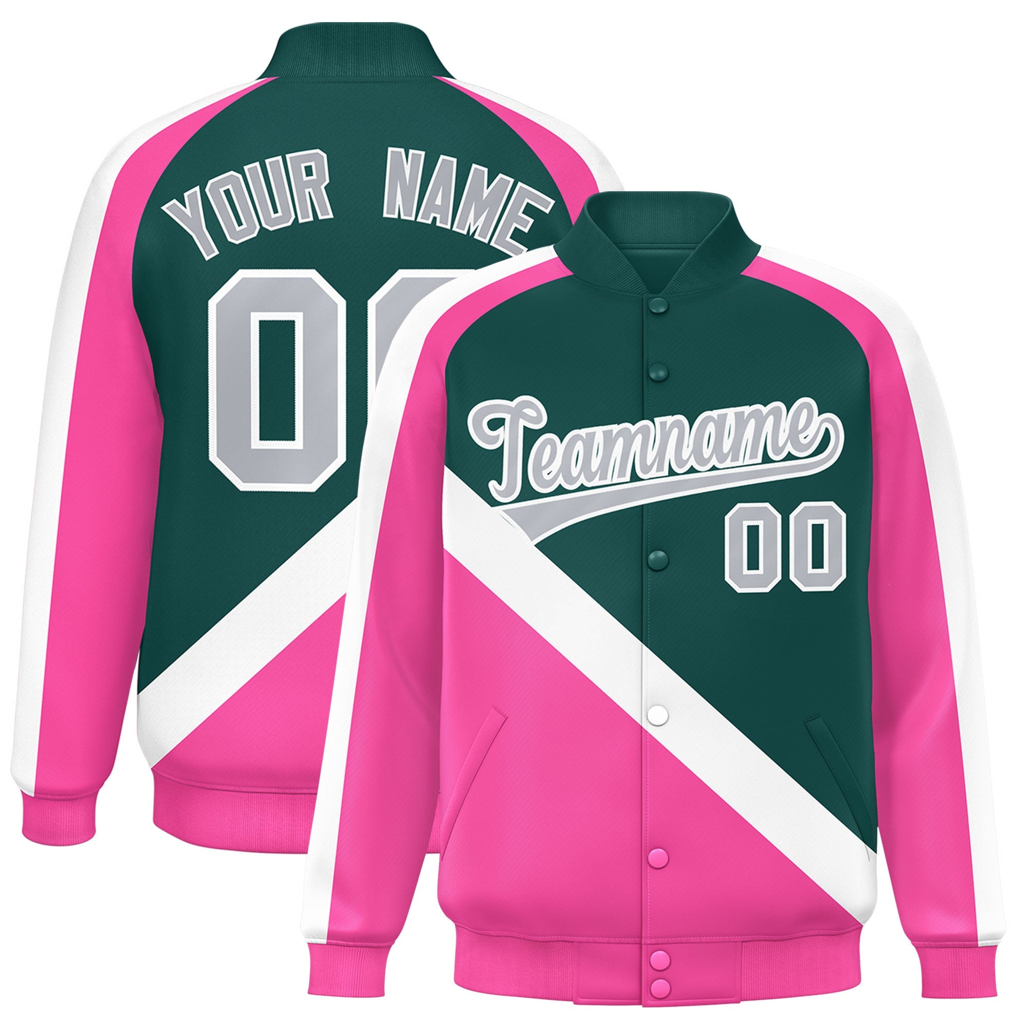 Custom Midnight Green Pink Raglan Sleeves Varsity Full-Snap Letterman Baseball Jacket