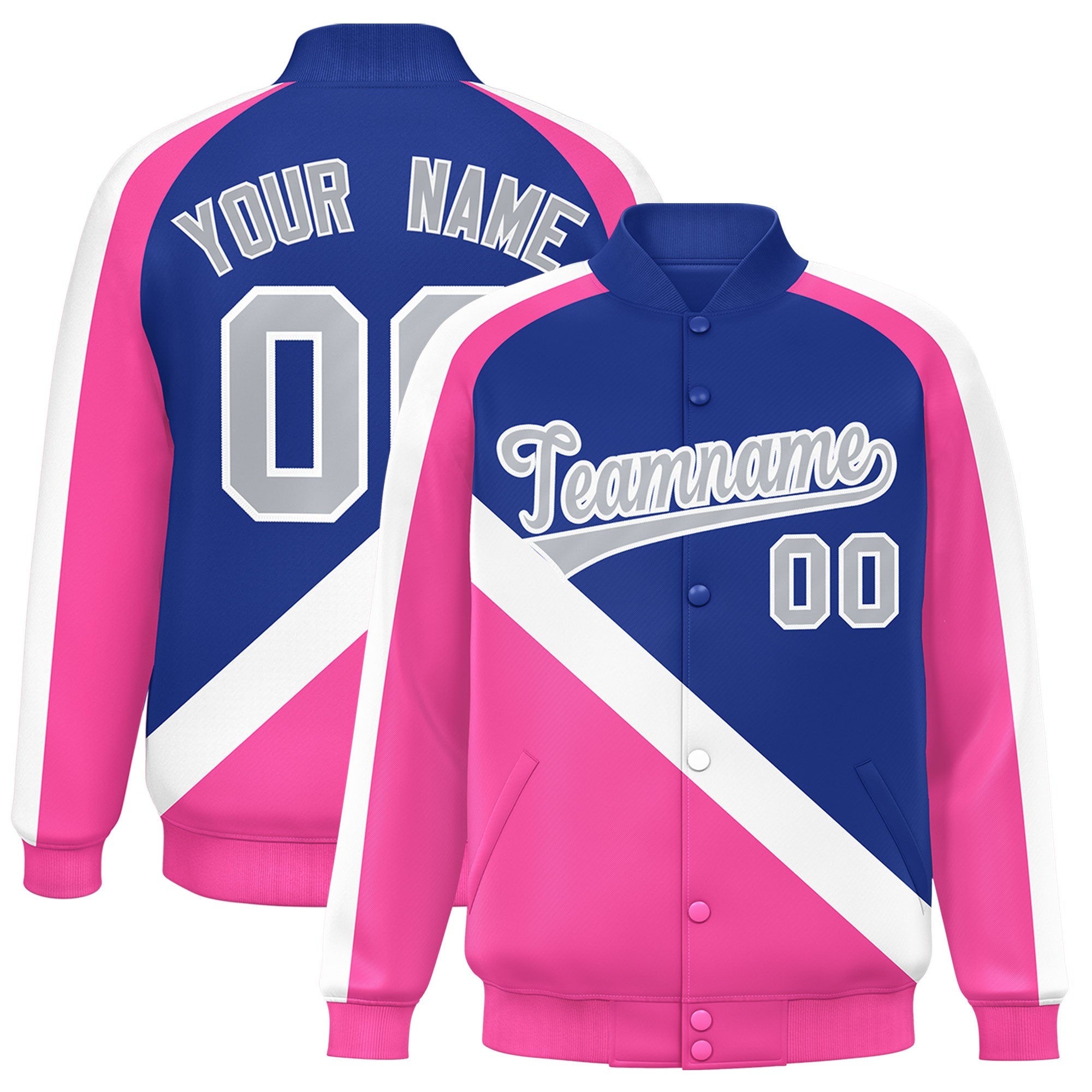 Custom Royal Pink Raglan Sleeves Varsity Full-Snap Letterman Baseball Jacket