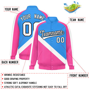 Custom Powder Blue Pink Raglan Sleeves Varsity Full-Snap Letterman Baseball Jacket