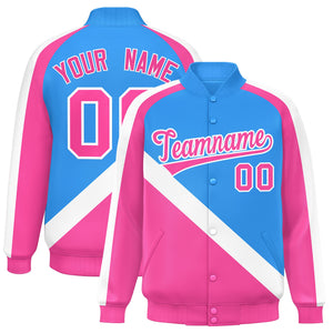 Custom Powder Blue Pink Raglan Sleeves Varsity Full-Snap Letterman Baseball Jacket