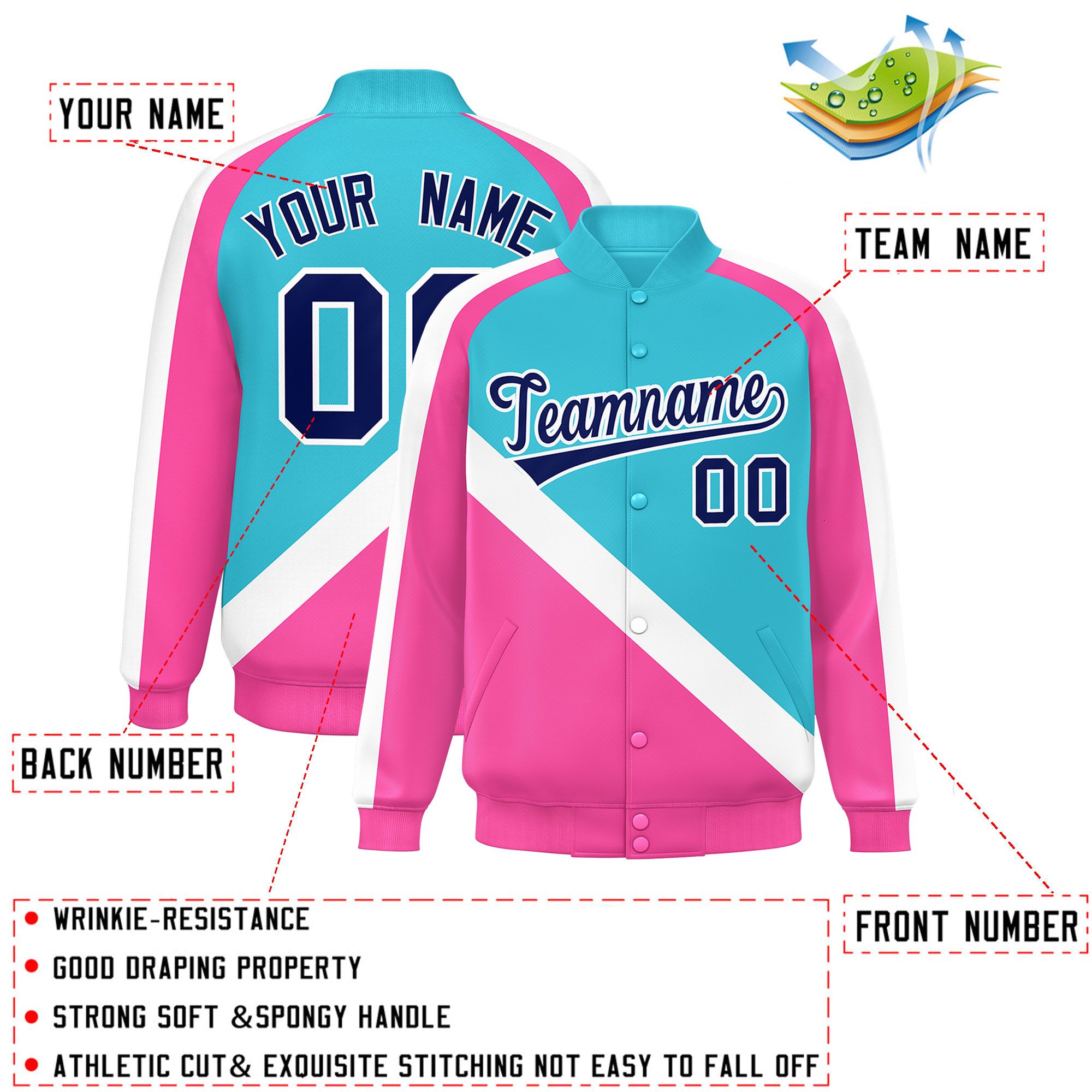 Custom Sky Blue Pink Raglan Sleeves Varsity Full-Snap Letterman Baseball Jacket