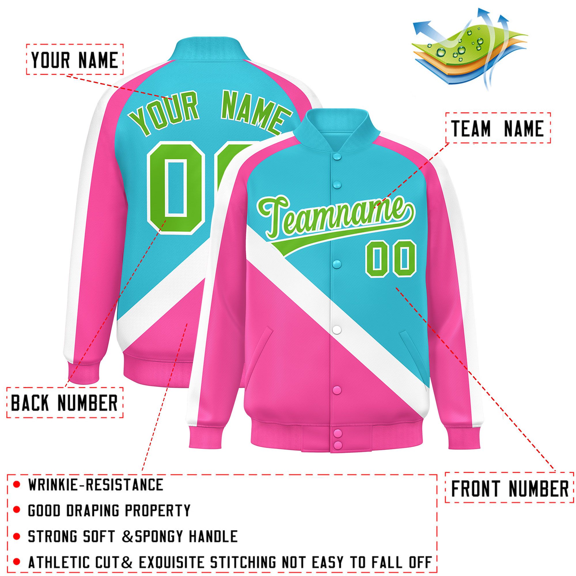 Custom Sky Blue Pink Raglan Sleeves Varsity Full-Snap Letterman Baseball Jacket