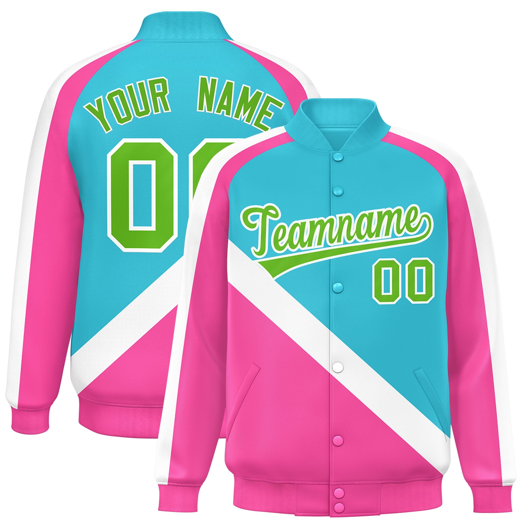 Custom Sky Blue Pink Raglan Sleeves Varsity Full-Snap Letterman Baseball Jacket