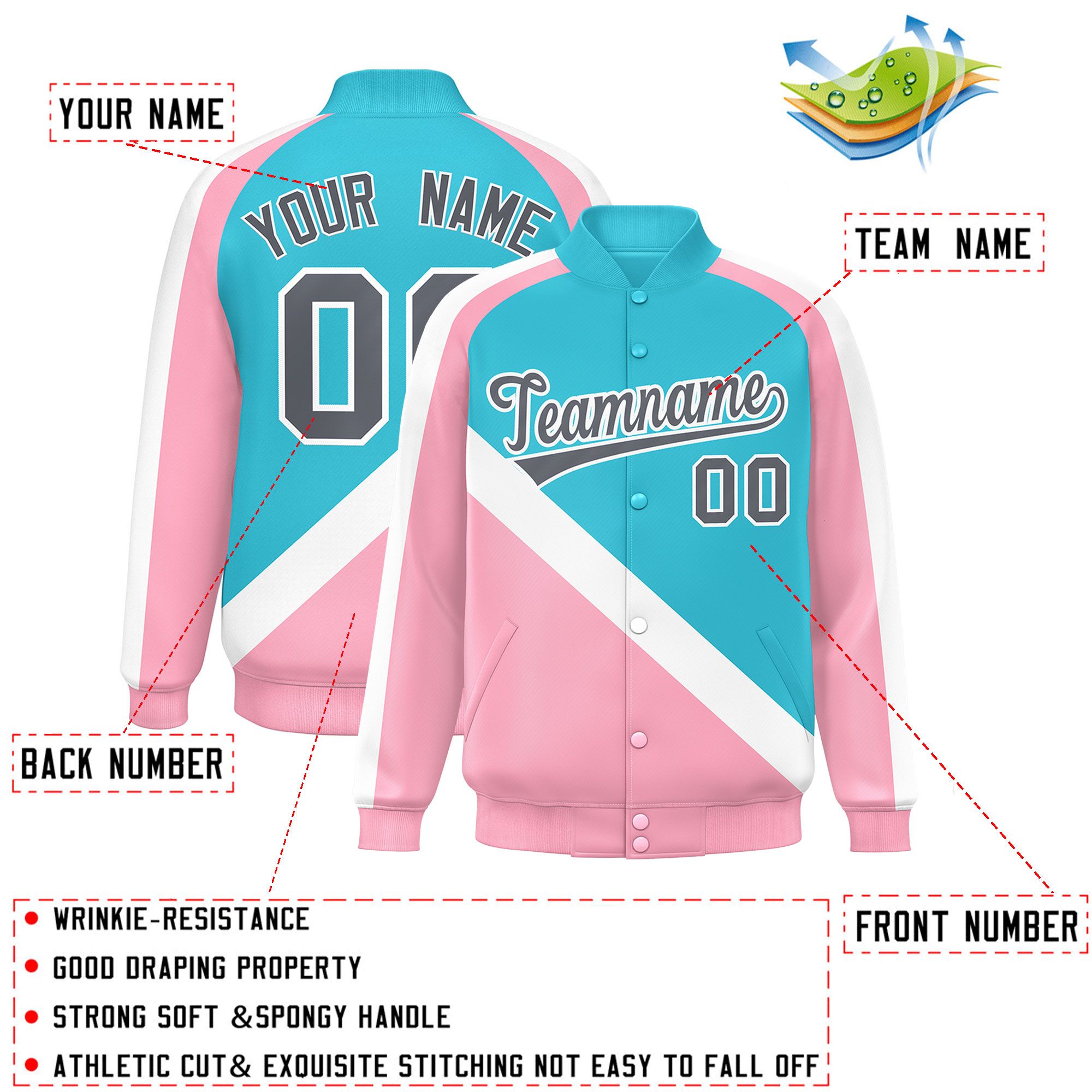 Custom Sky Blue Light Pink Raglan Sleeves Varsity Full-Snap Letterman Baseball Jacket