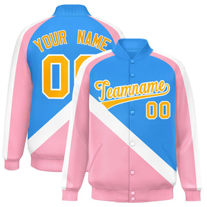 Custom Powder Blue Light Pink Raglan Sleeves Varsity Full-Snap Letterman Baseball Jacket