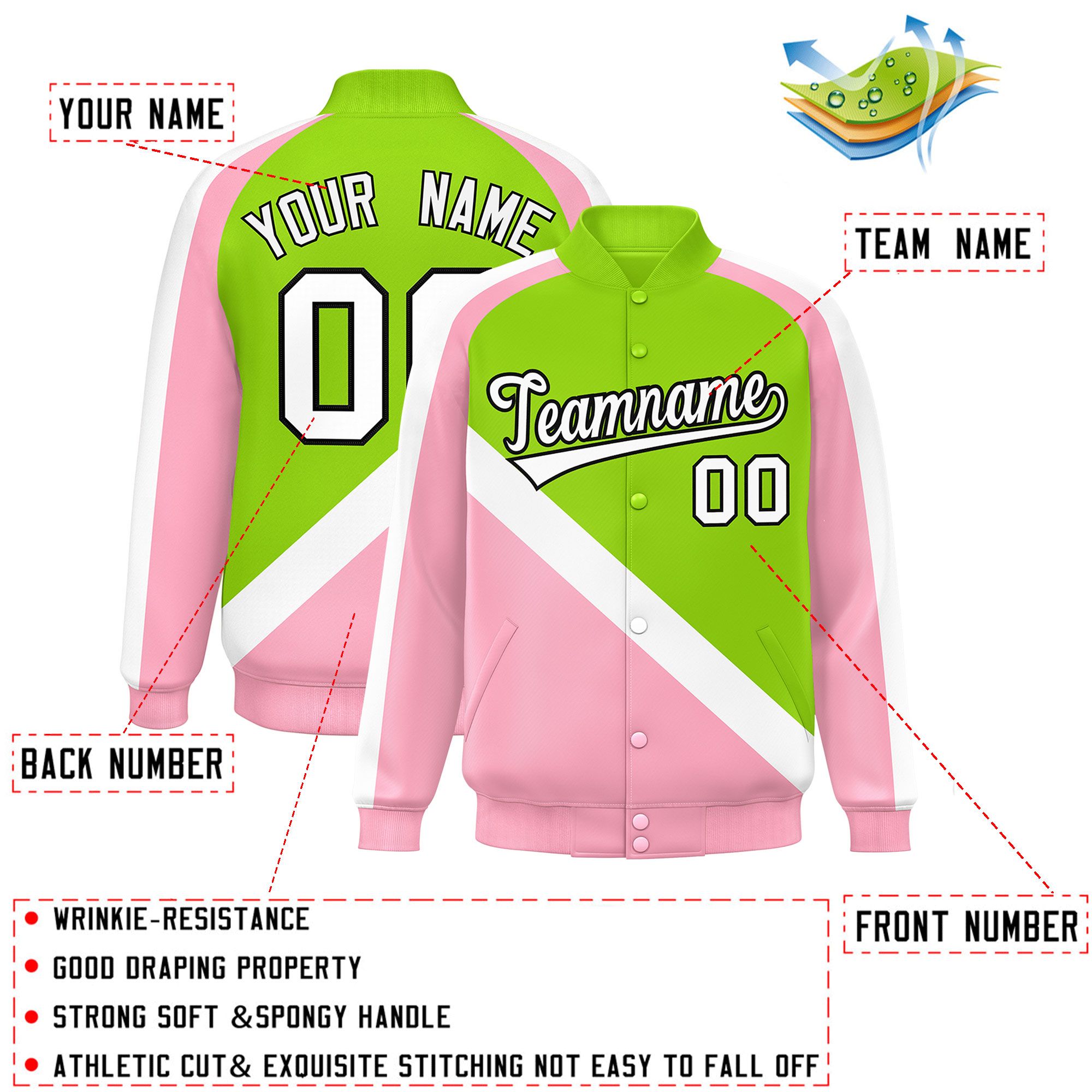 Custom Neon Green Light Pink Raglan Sleeves Varsity Full-Snap Letterman Baseball Jacket