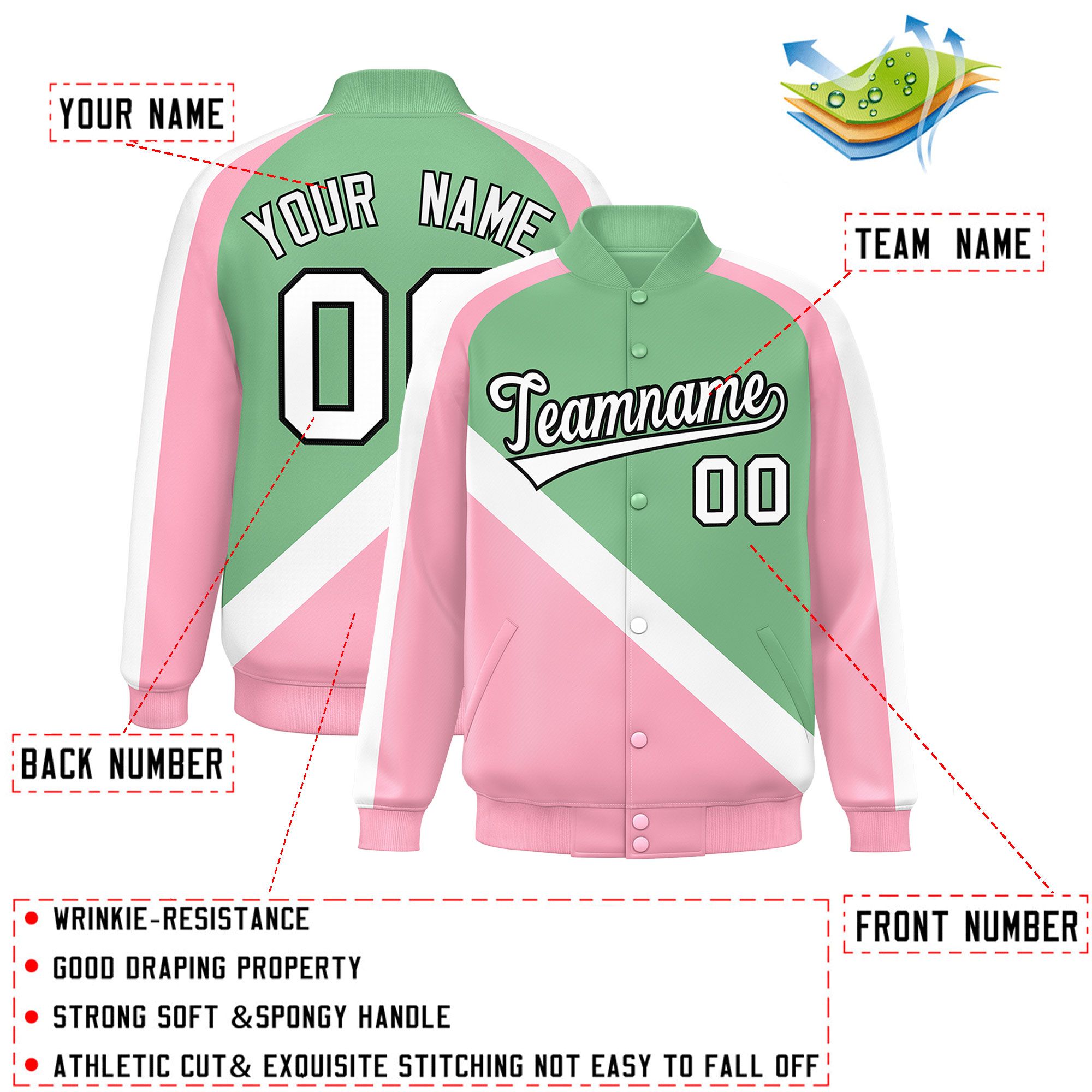 Custom Green Light Pink Raglan Sleeves Varsity Full-Snap Letterman Baseball Jacket