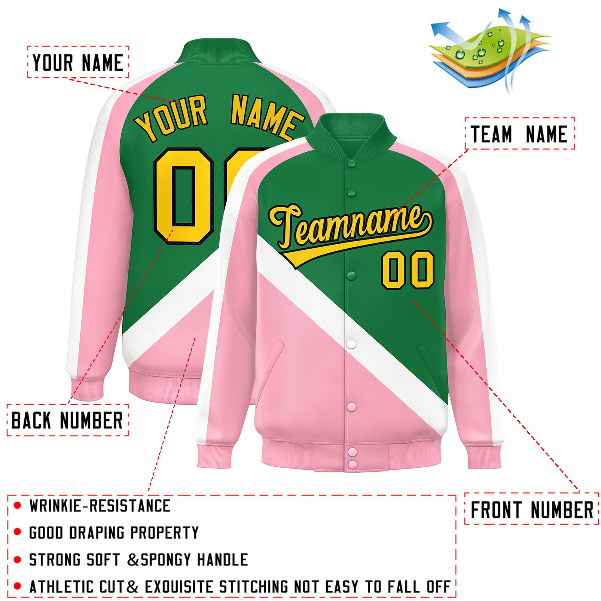 Custom Kelly Green Light Pink Raglan Sleeves Varsity Full-Snap Letterman Baseball Jacket