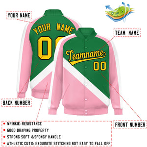 Custom Kelly Green Light Pink Raglan Sleeves Varsity Full-Snap Letterman Baseball Jacket