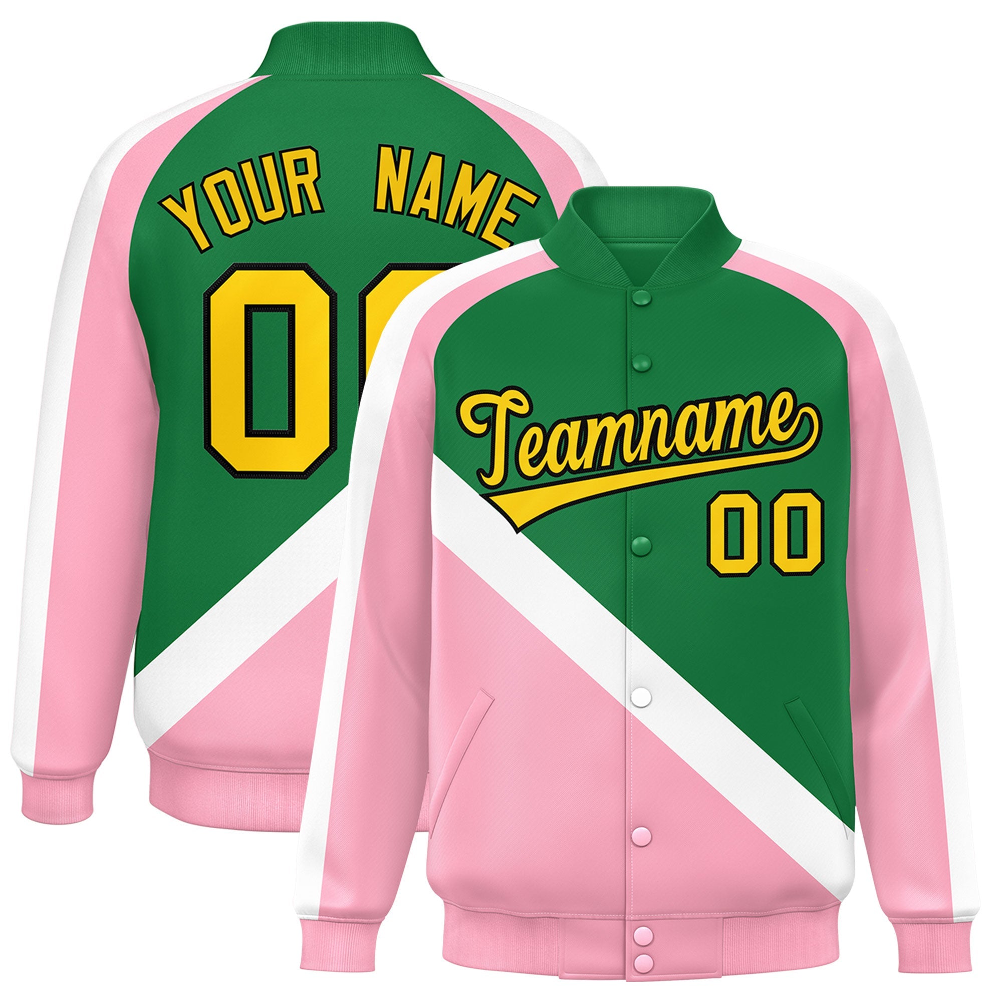 Custom Kelly Green Light Pink Raglan Sleeves Varsity Full-Snap Letterman Baseball Jacket