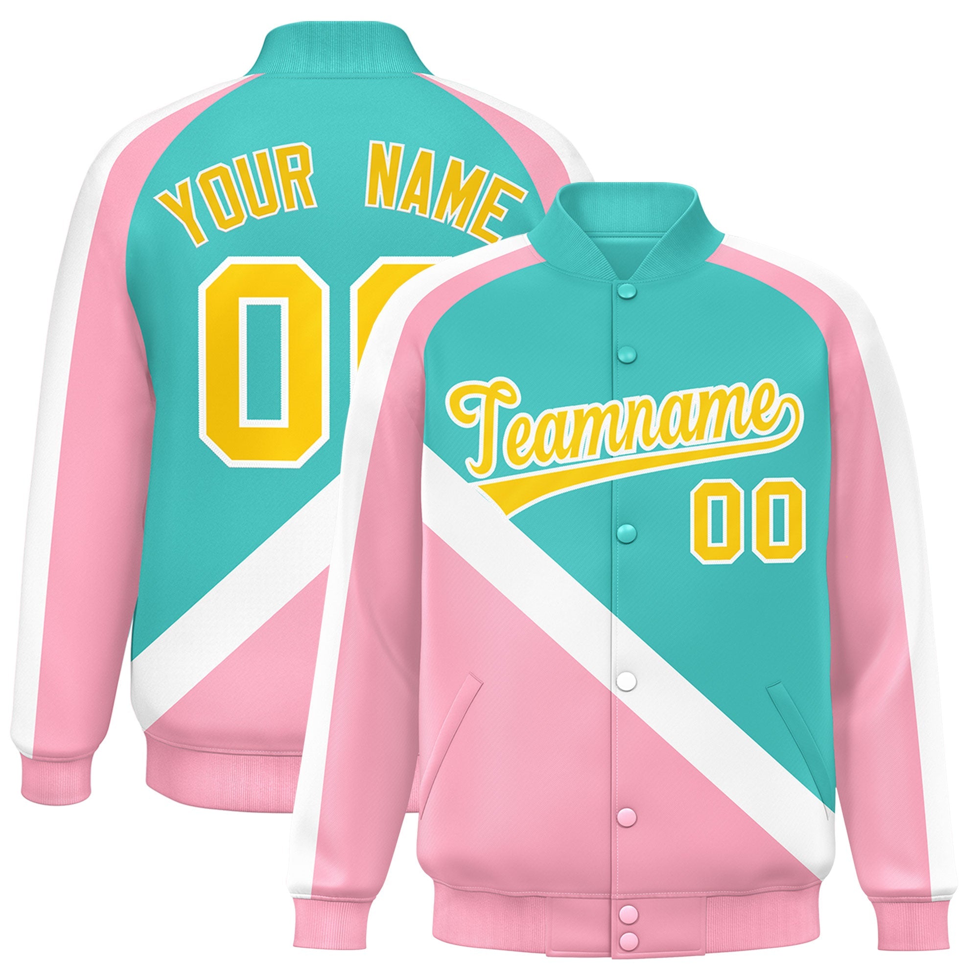 Custom Bright Green Light Pink Raglan Sleeves Varsity Full-Snap Letterman Baseball Jacket