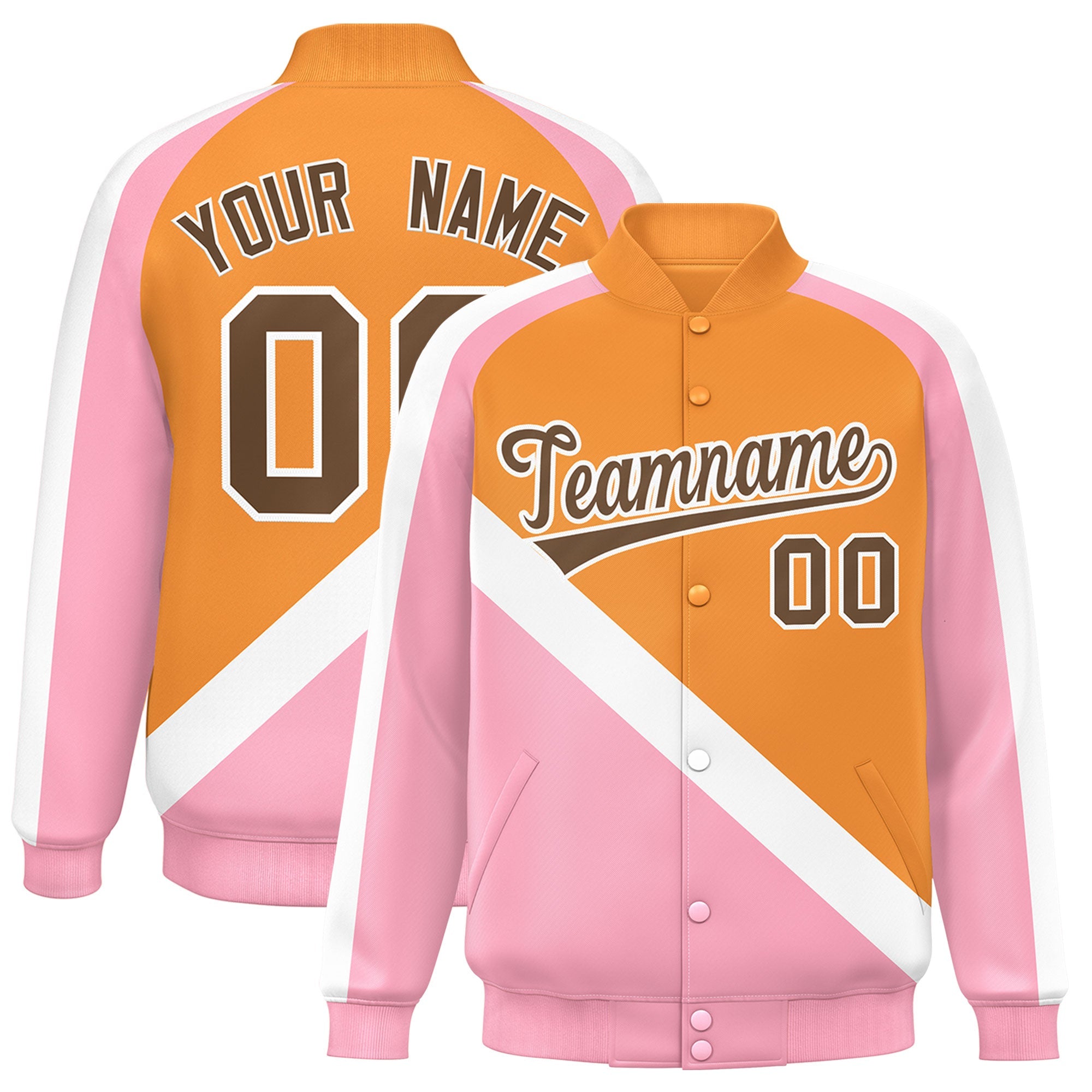 Custom Orange Light Pink Raglan Sleeves Varsity Full-Snap Letterman Baseball Jacket