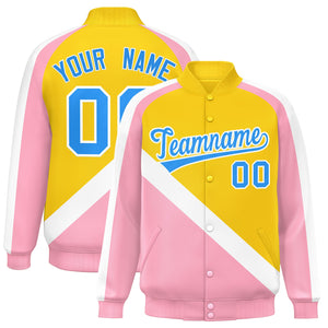 Custom Gold Light Pink Raglan Sleeves Varsity Full-Snap Letterman Baseball Jacket