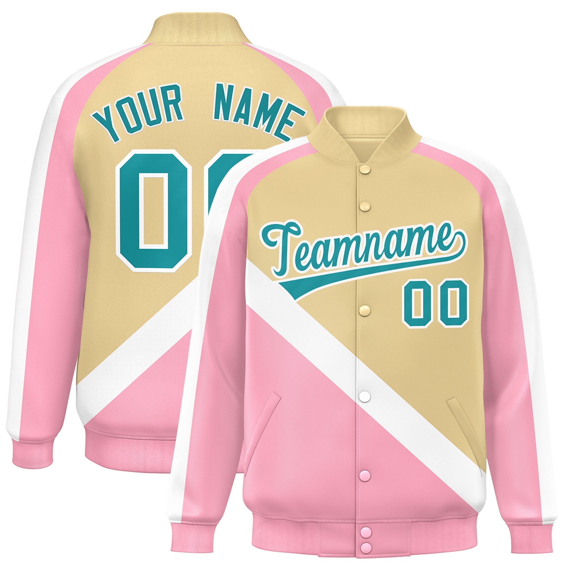 Custom Khaki Light Pink Raglan Sleeves Varsity Full-Snap Letterman Baseball Jacket