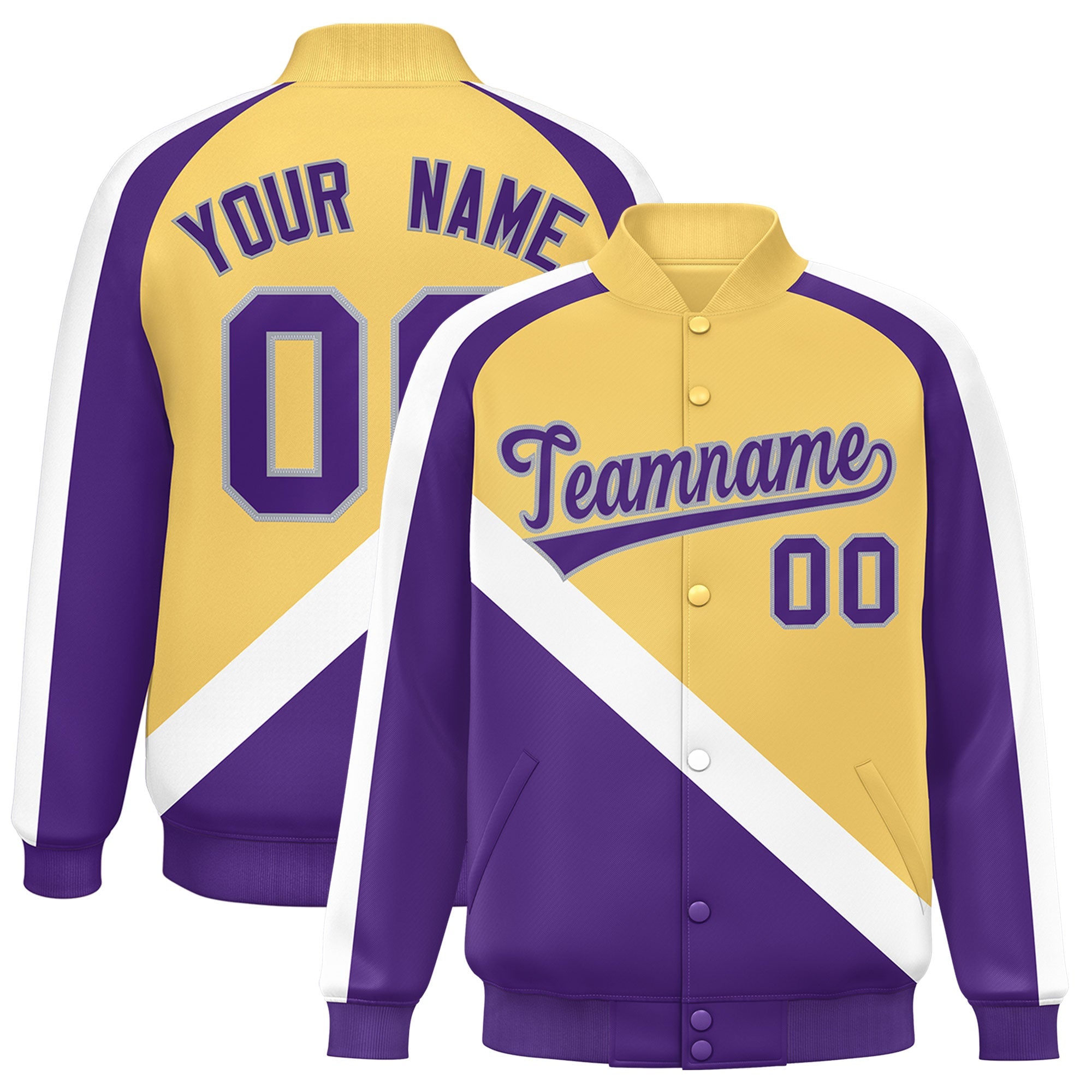 Custom Khaki Purple Raglan Sleeves Varsity Full-Snap Letterman Baseball Jacket