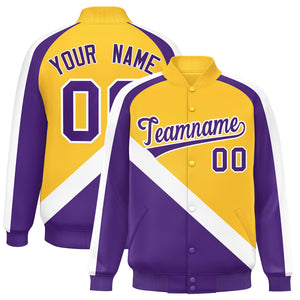 Custom Gold Purple Raglan Sleeves Varsity Full-Snap Letterman Baseball Jacket