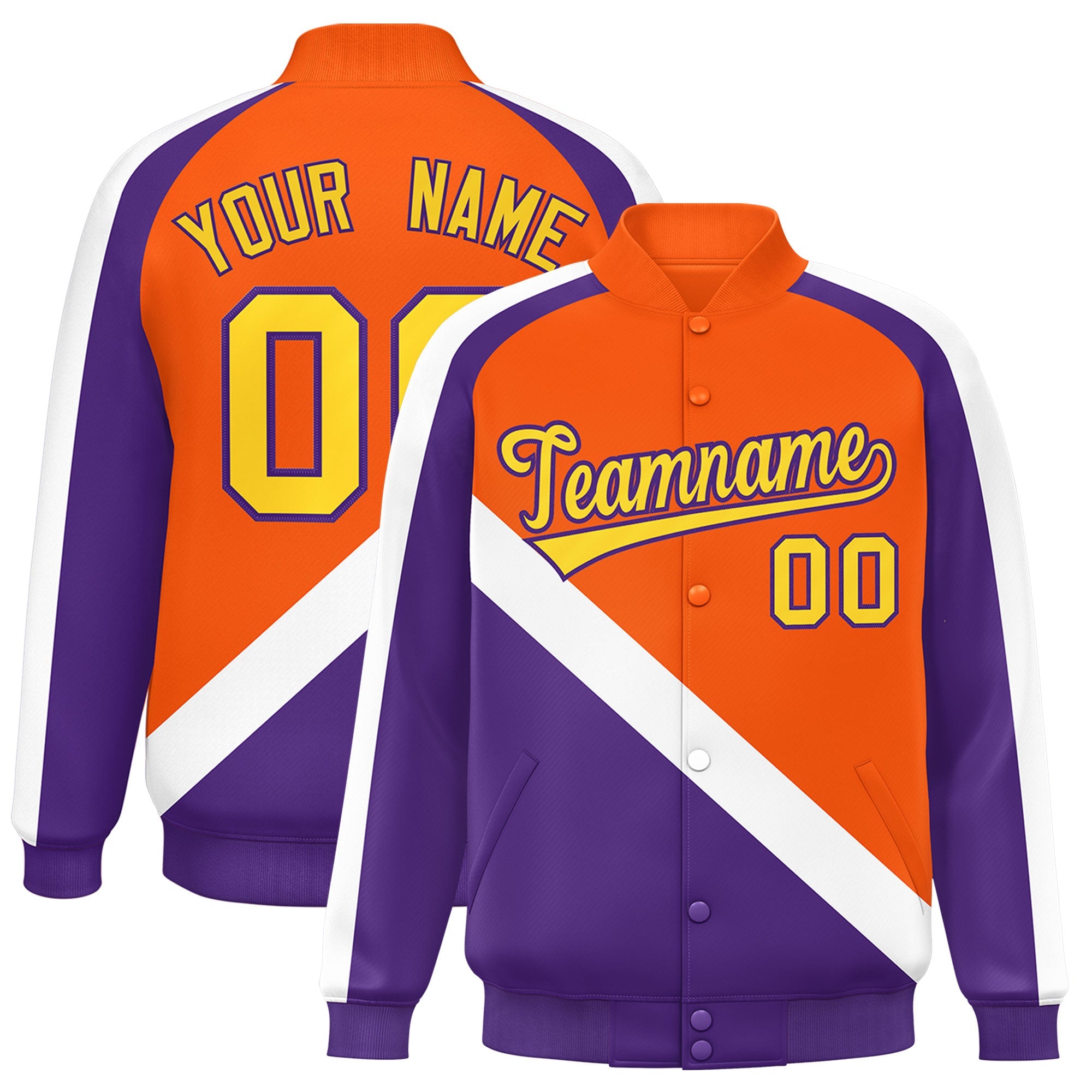 Custom Orange Purple Raglan Sleeves Varsity Full-Snap Letterman Baseball Jacket