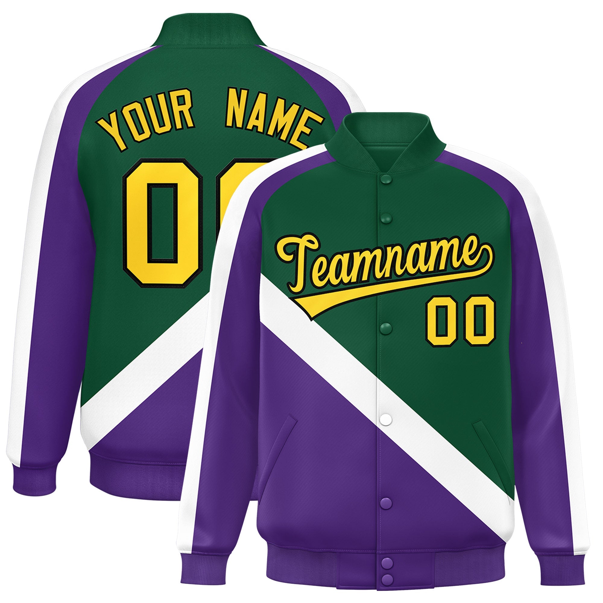 Custom Green Purple Raglan Sleeves Varsity Full-Snap Letterman Baseball Jacket