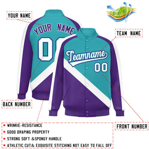 Custom Aqua Purple Raglan Sleeves Varsity Full-Snap Letterman Baseball Jacket