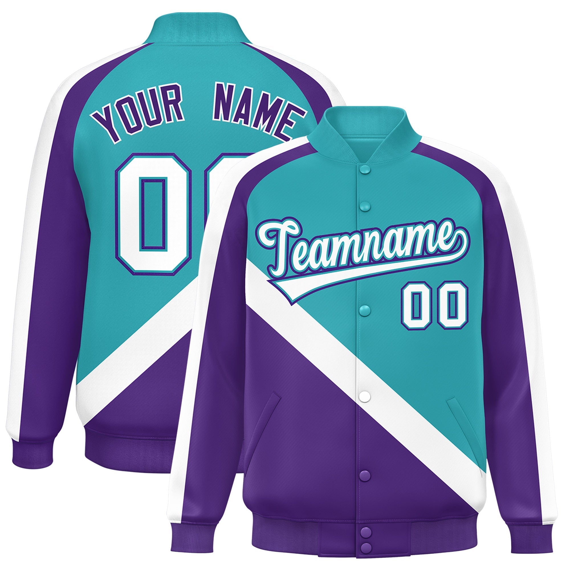 Custom Aqua Purple Raglan Sleeves Varsity Full-Snap Letterman Baseball Jacket