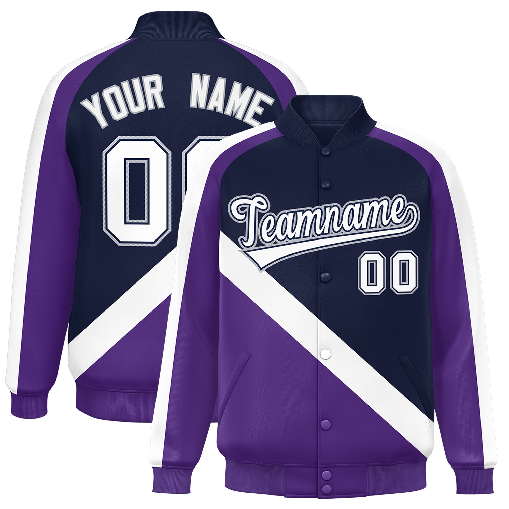 Custom Navy Purple Raglan Sleeves Varsity Full-Snap Letterman Baseball Jacket