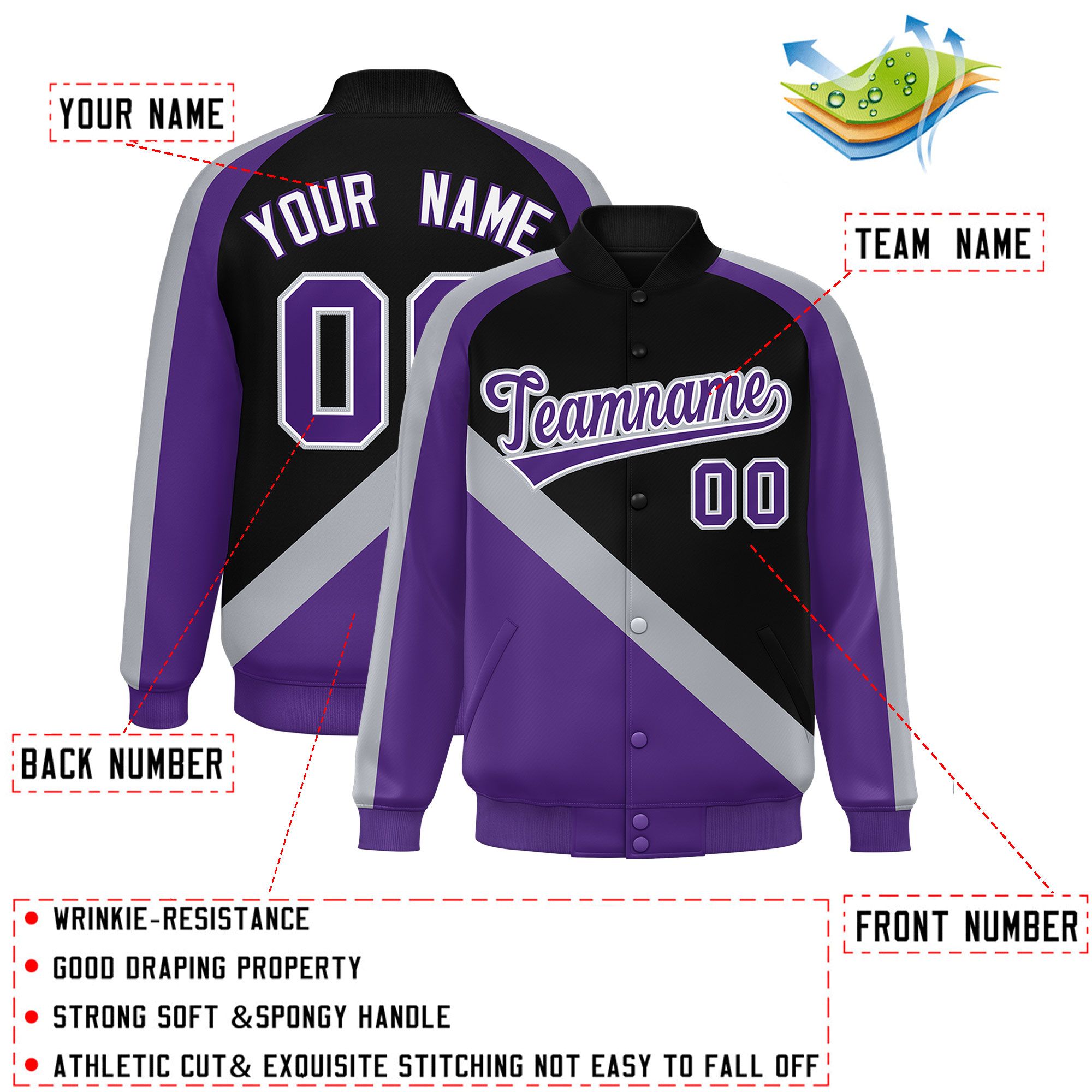 Custom Black Purple Raglan Sleeves Varsity Full-Snap Letterman Baseball Jacket