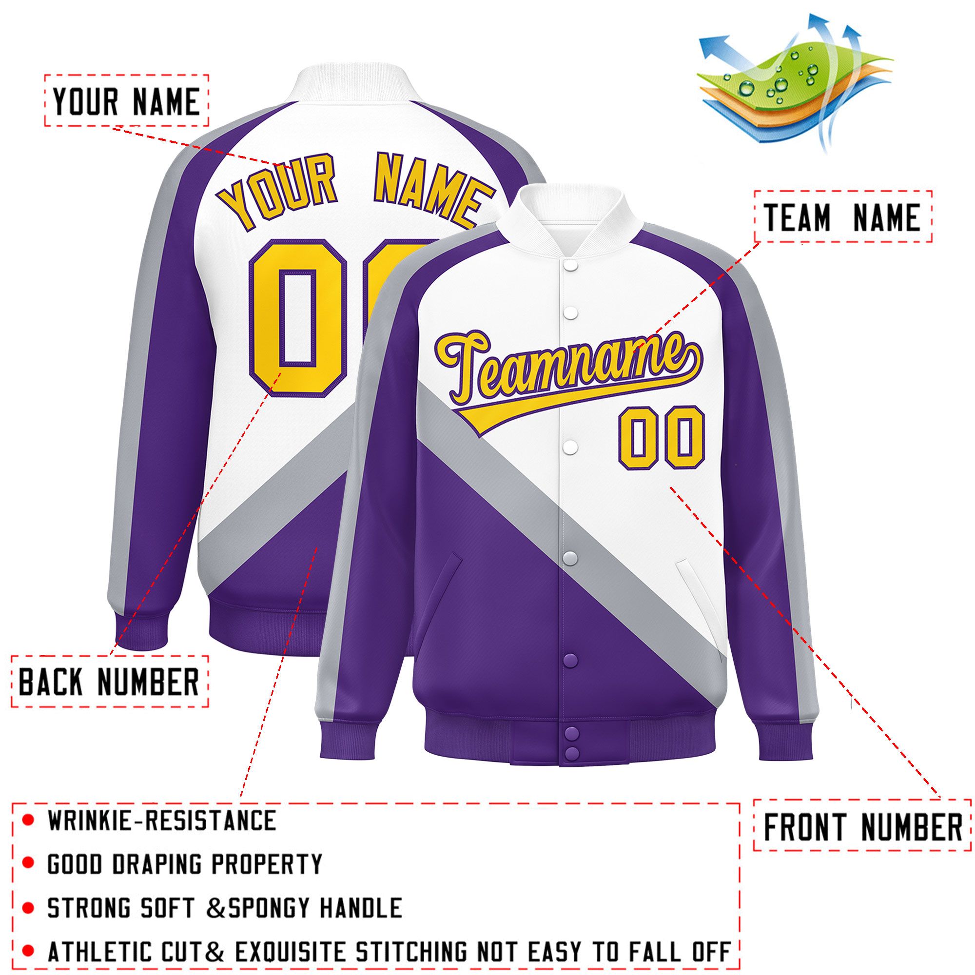 Custom White Purple Raglan Sleeves Varsity Full-Snap Letterman Baseball Jacket