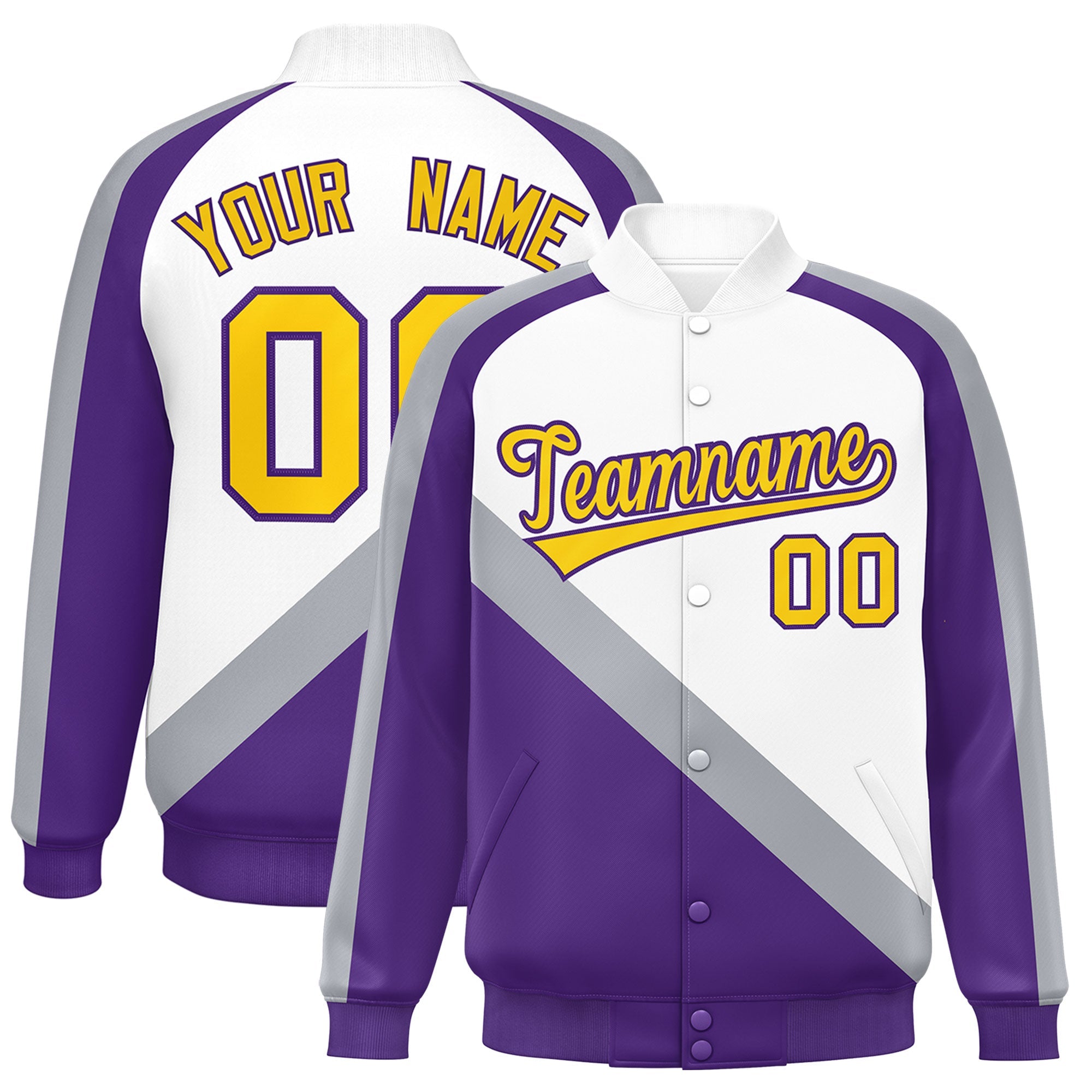 Custom White Purple Raglan Sleeves Varsity Full-Snap Letterman Baseball Jacket