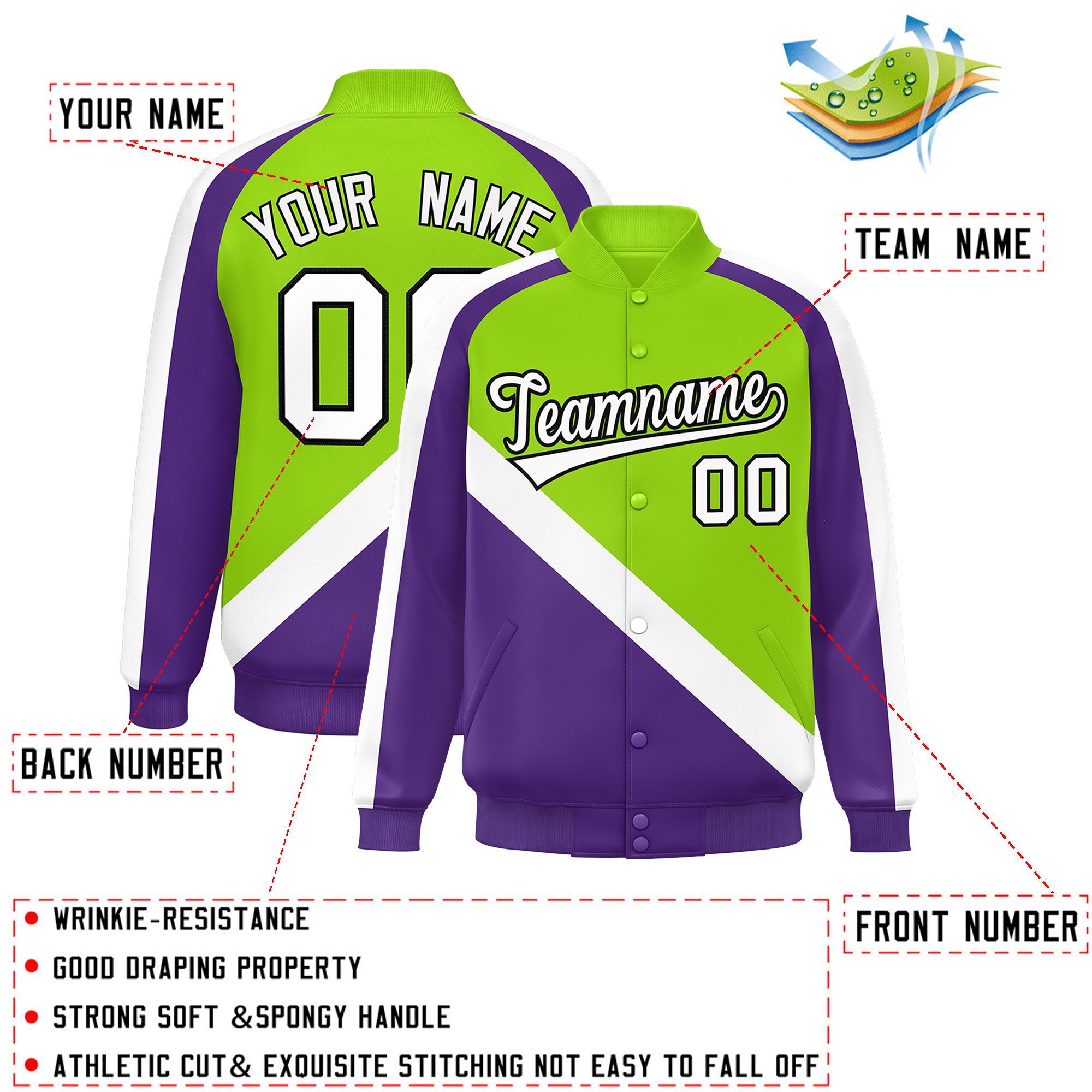 Custom Neon Green Purple Raglan Sleeves Varsity Full-Snap Letterman Baseball Jacket