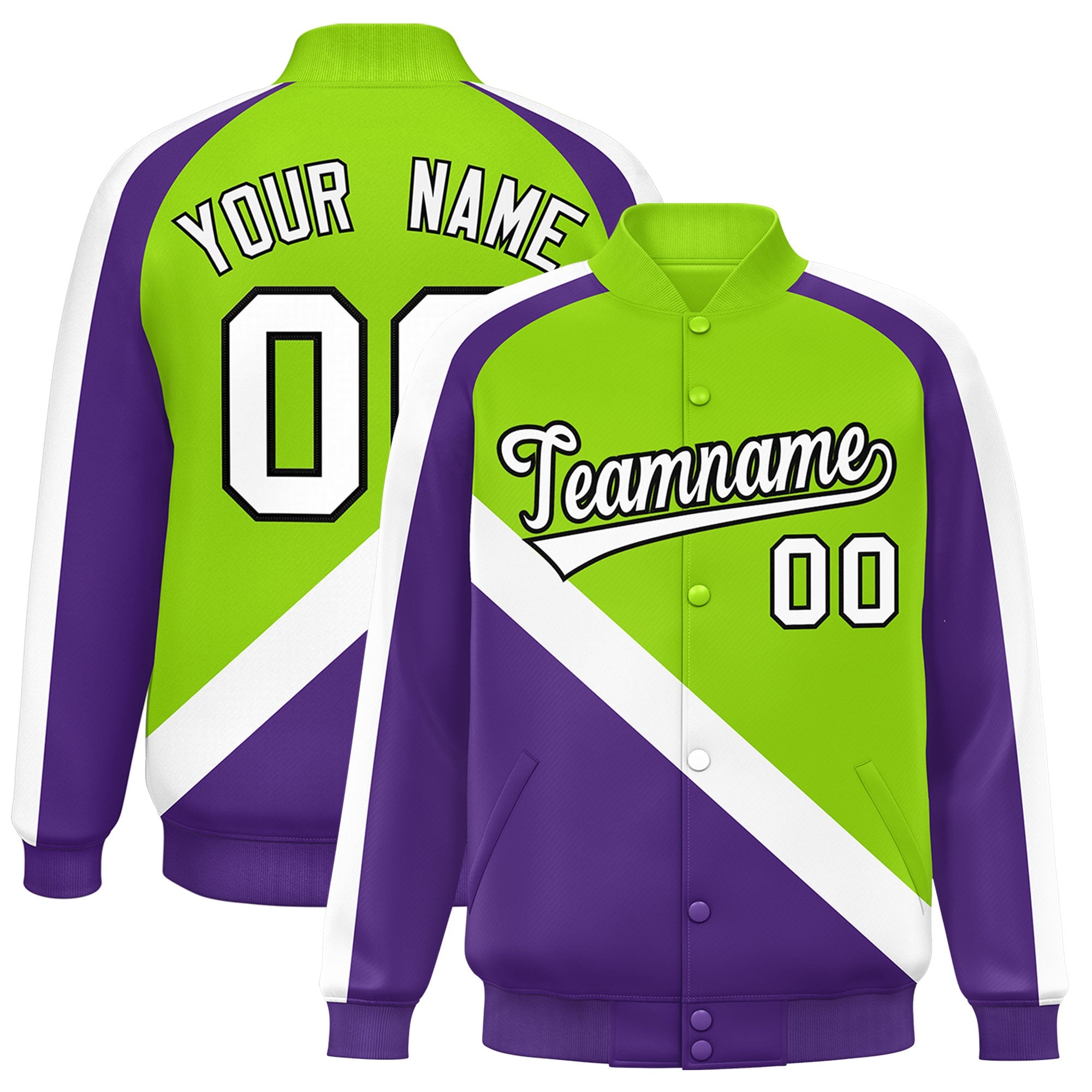 Custom Neon Green Purple Raglan Sleeves Varsity Full-Snap Letterman Baseball Jacket