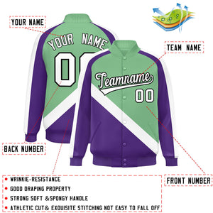 Custom Green Purple Raglan Sleeves Varsity Full-Snap Letterman Baseball Jacket