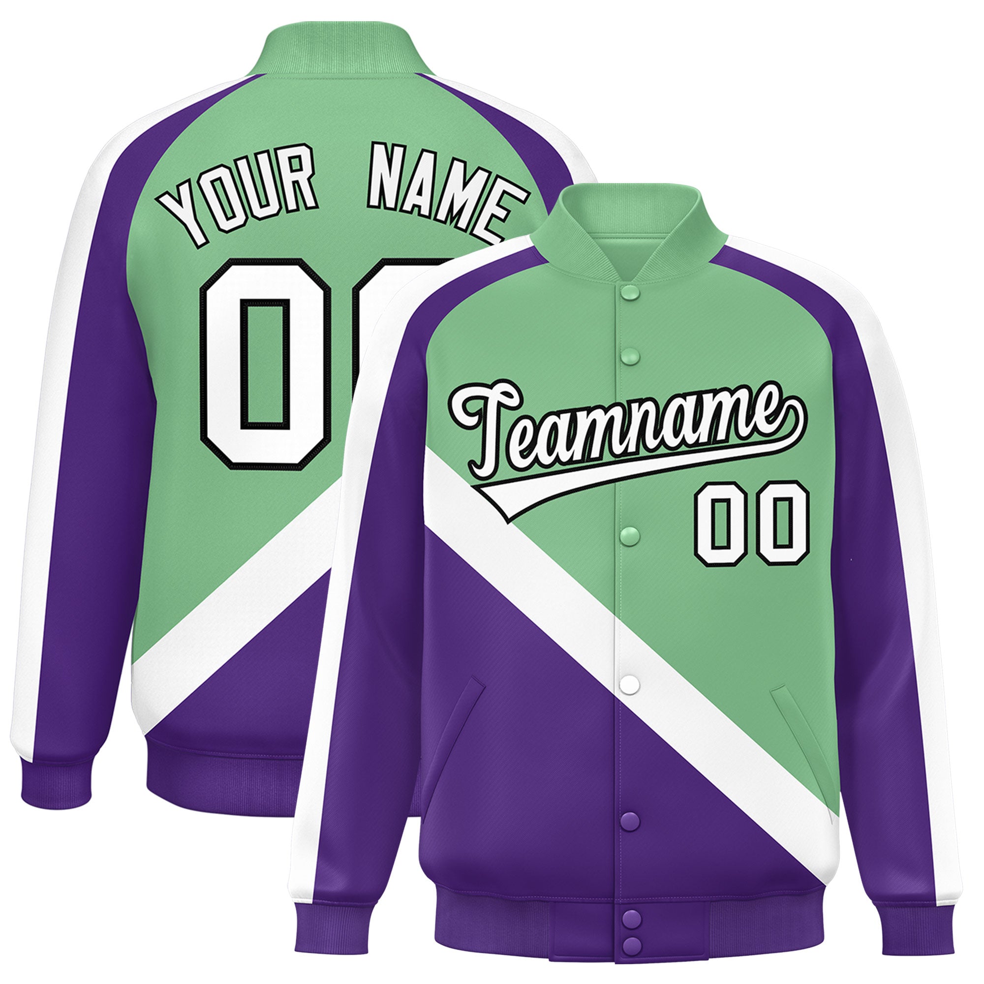 Custom Green Purple Raglan Sleeves Varsity Full-Snap Letterman Baseball Jacket