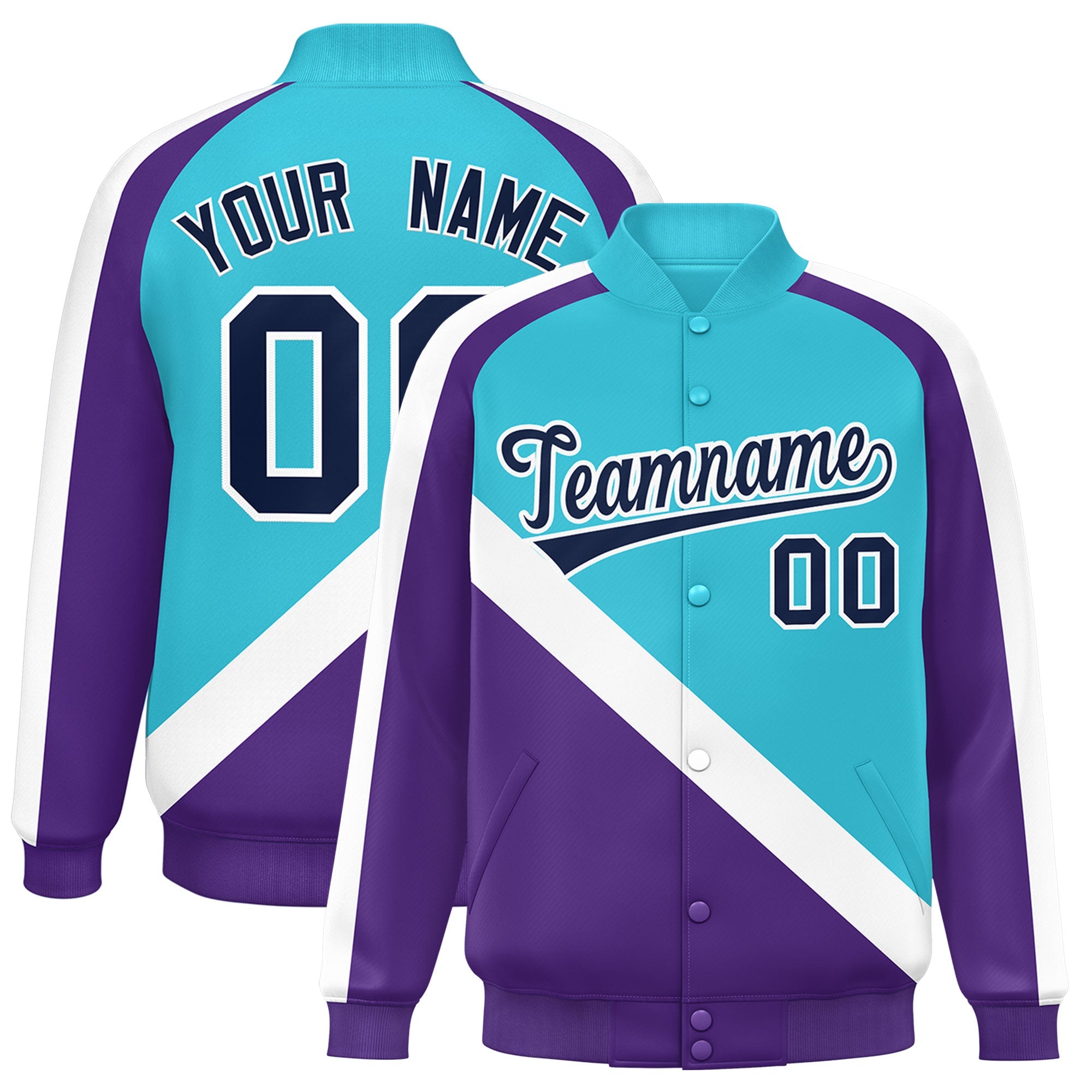 Custom Sky Blue Purple Raglan Sleeves Varsity Full-Snap Letterman Baseball Jacket