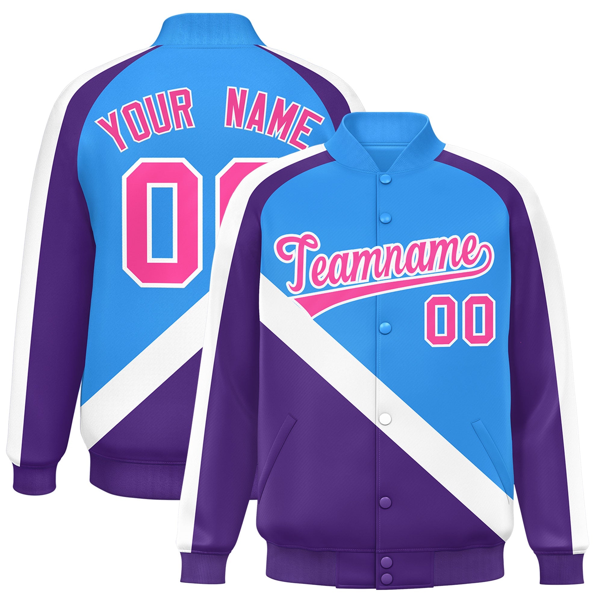 Custom Powder Blue Purple Raglan Sleeves Varsity Full-Snap Letterman Baseball Jacket