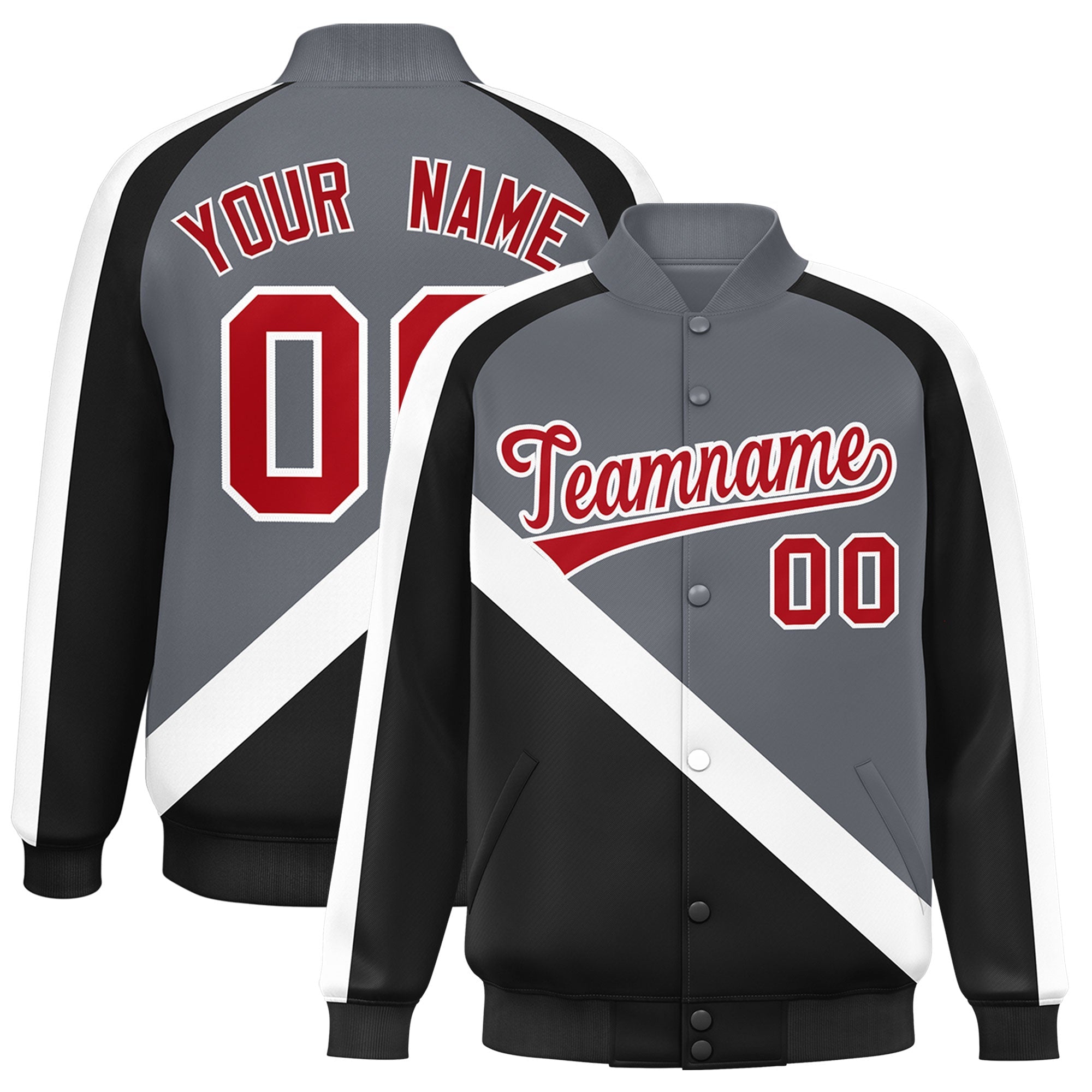 Custom Dark Gray Black Raglan Sleeves Varsity Full-Snap Letterman Baseball Jacket