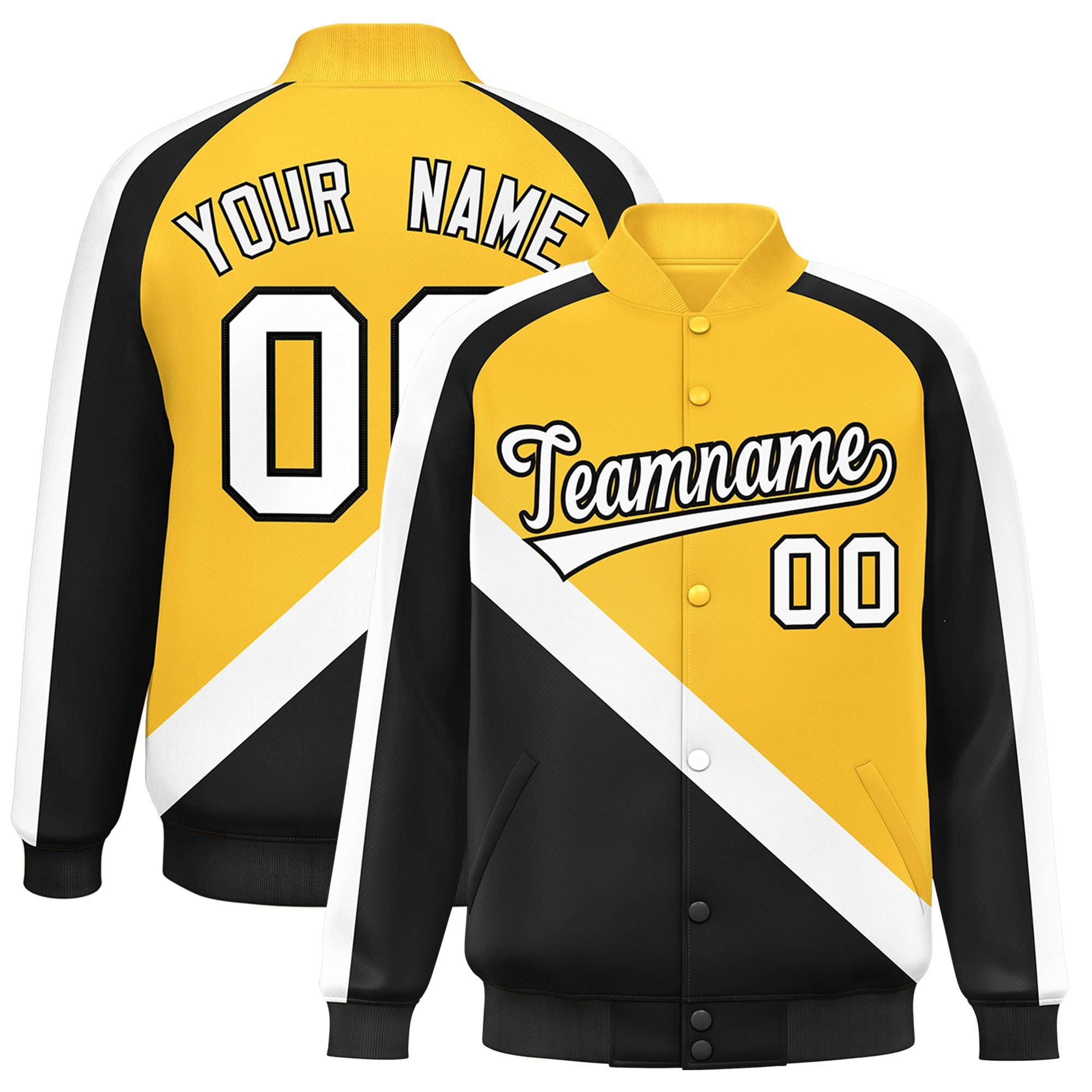 Custom Gold Black Raglan Sleeves Varsity Full-Snap Letterman Baseball Jacket