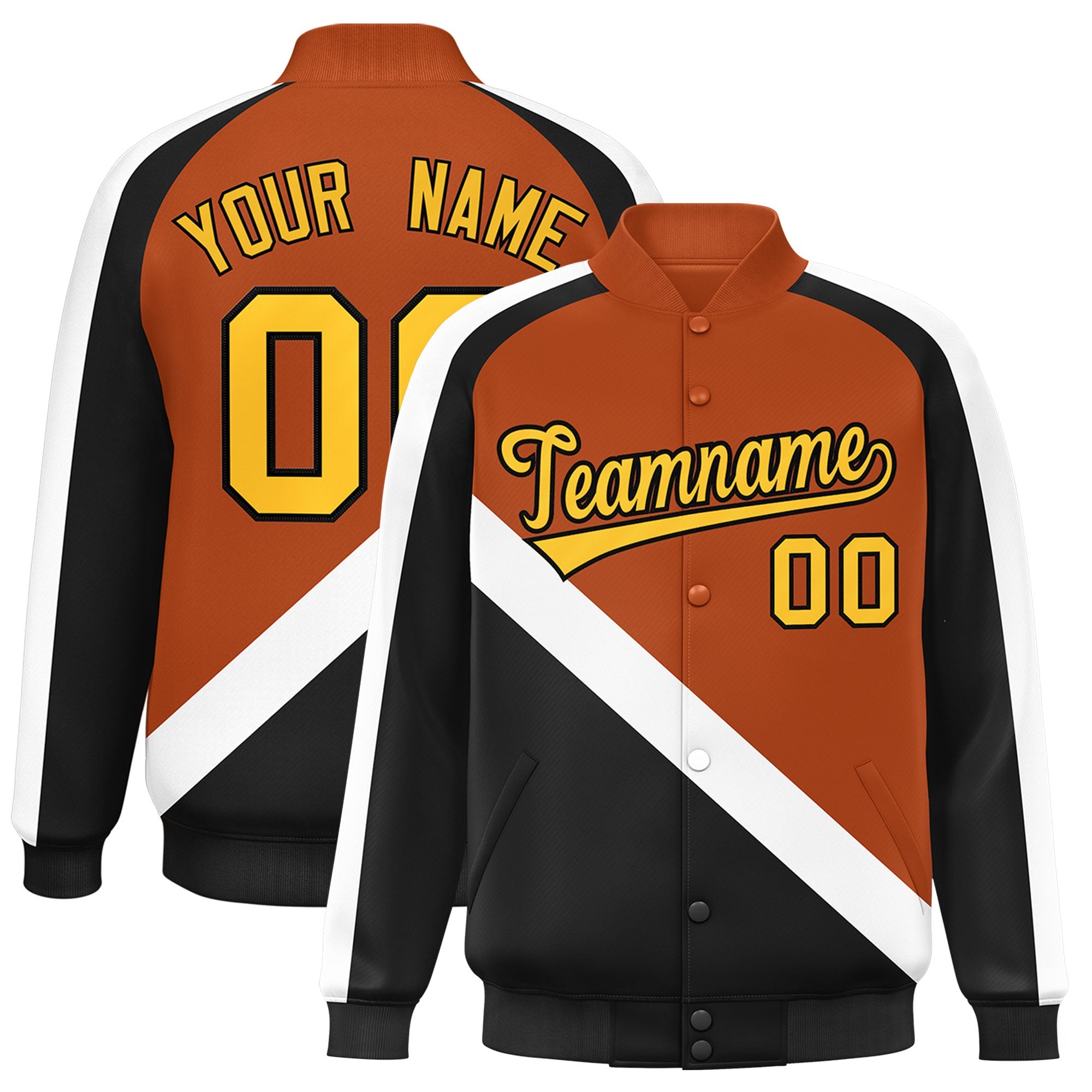 Custom Texas Orange Black Raglan Sleeves Varsity Full-Snap Letterman Baseball Jacket