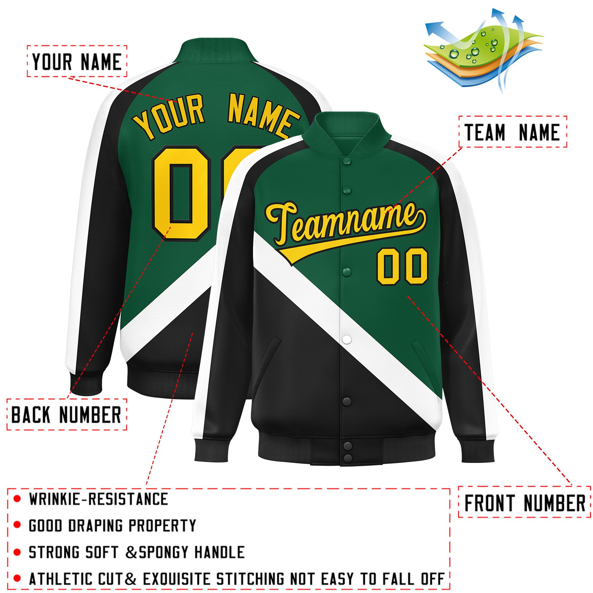 Custom Green Black Raglan Sleeves Varsity Full-Snap Letterman Baseball Jacket