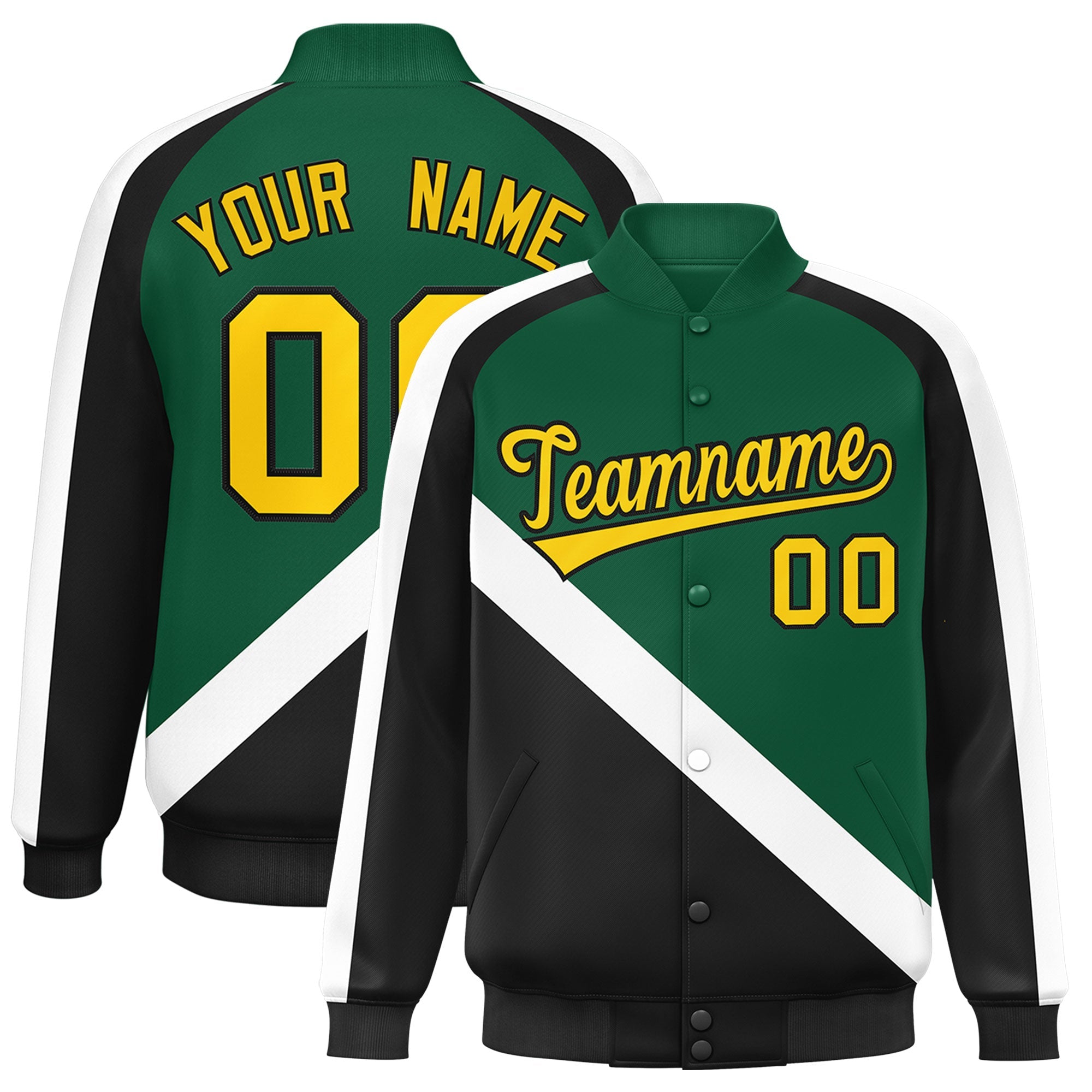 Custom Green Black Raglan Sleeves Varsity Full-Snap Letterman Baseball Jacket