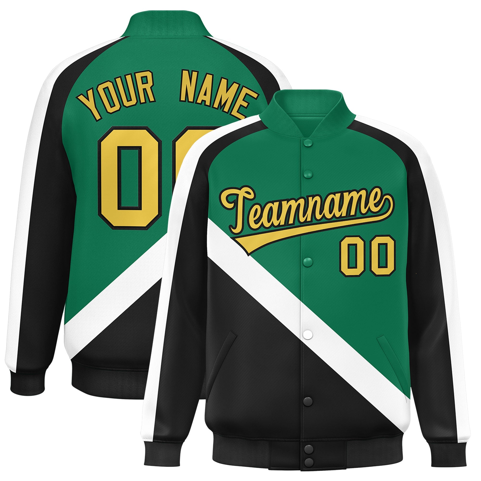 Custom Kelly Green Black Raglan Sleeves Varsity Full-Snap Letterman Baseball Jacket